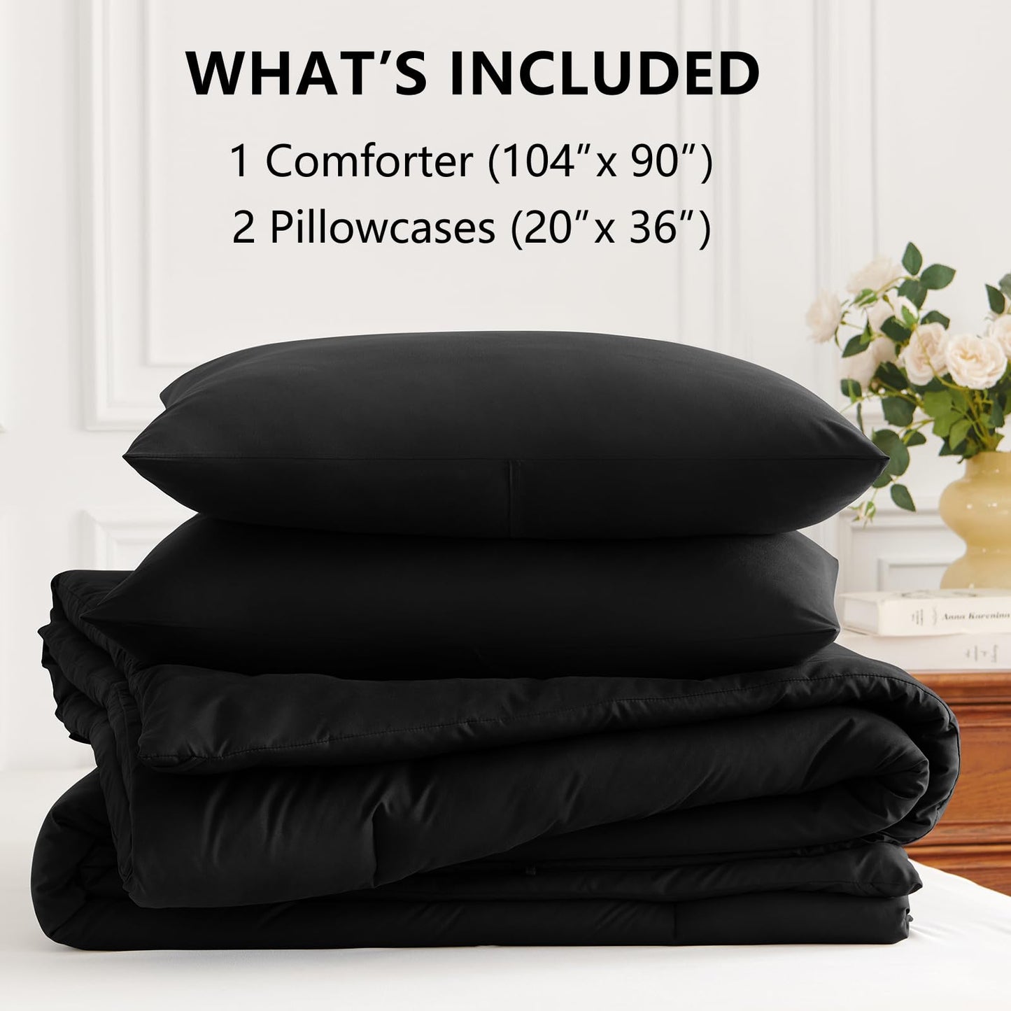 HIMEET King Comforter Set 3 Piece, 270GSM Down Alternative Fill, Oeko-TEX Certified, Quilted with 8 Corner Ties, All Season Bedroom Decor Bedding, 1 Comforter (104"x90") with 2 Pillowcases, Black