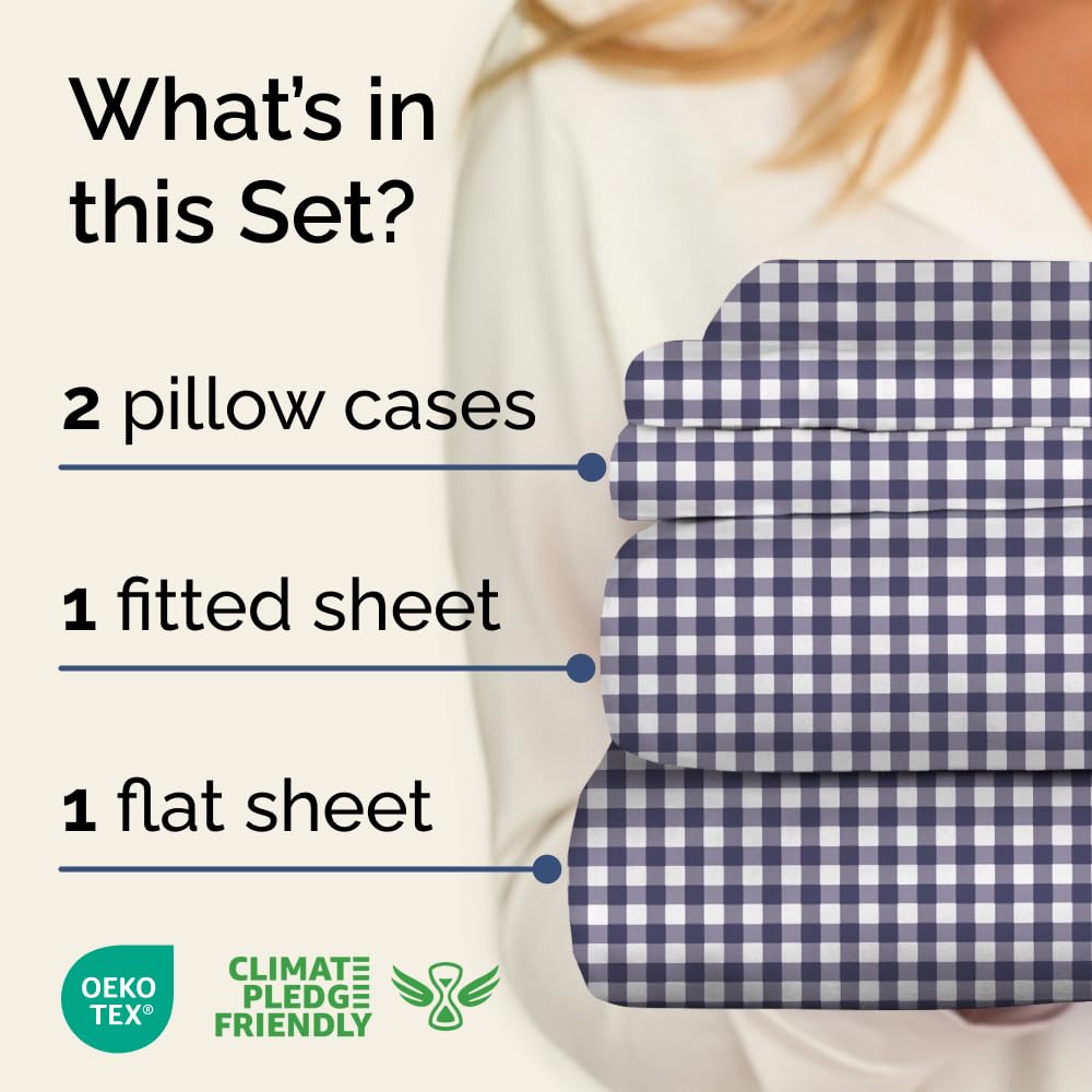 Blue Checkered Sheet Set - 1 Flat & 1 Fitted Sheet & 2 Pillowcases w/ Deep Pockets - Grid, Plaid, Gingham Pattern Bed Set - Comfy, Wrinkle & Fade Resistant - Soft, Breathable and Cooling - Queen Size