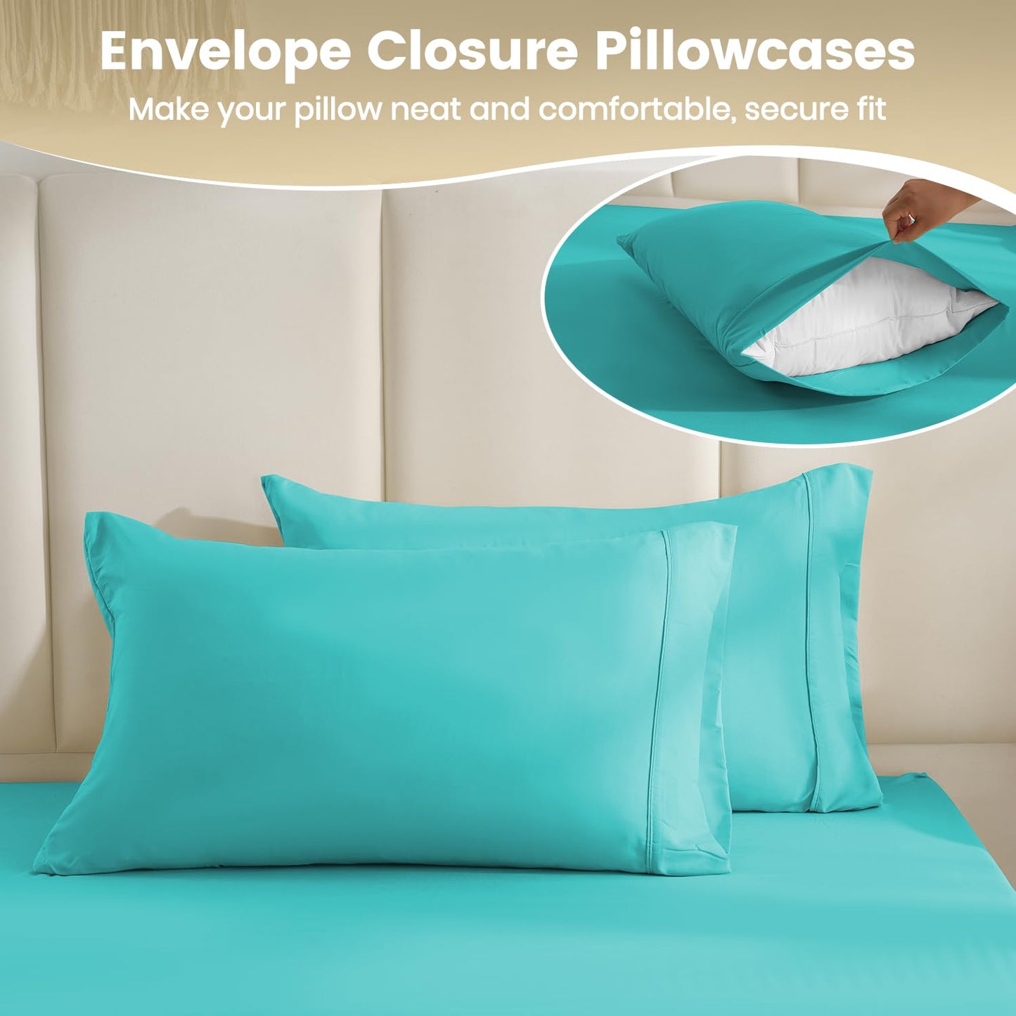 CozySmile Breathable Cooling Full Sheet Set - Hotel Luxury 4 Piece Deep Pocket Sheets for Full Size Bed, Fits 16" Mattress, Easy Care Wrinkle Free Bedding Sheet and Pillowcase Set, Turquoise
