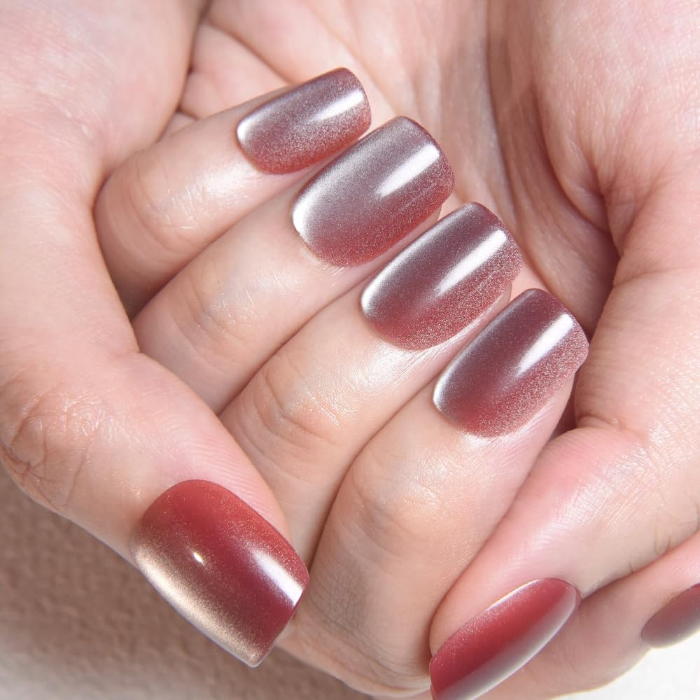 evpct Pale Mauve Cat Eye Short Press on Nails Square No Glue, Stick on Nails Short Square for Women, Metallic Glitter Glossy nails press ons, Reusable Stick Press on Acrylic Fake Nail with Designs