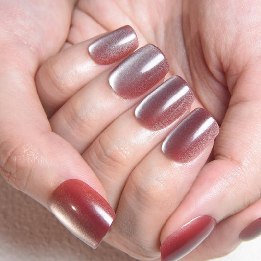 evpct Pale Mauve Cat Eye Short Press on Nails Square No Glue, Stick on Nails Short Square for Women, Metallic Glitter Glossy nails press ons, Reusable Stick Press on Acrylic Fake Nail with Designs