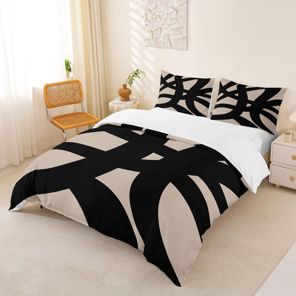 jejeloiu Black and Beige Bedding Set King Size Geometric Modern Comforter Cover Set for Kids Teens Adults Abstract Neutral Art Duvet Cover Abstarct Art Room Decorations 3Pcs with 2 Pillow Cases
