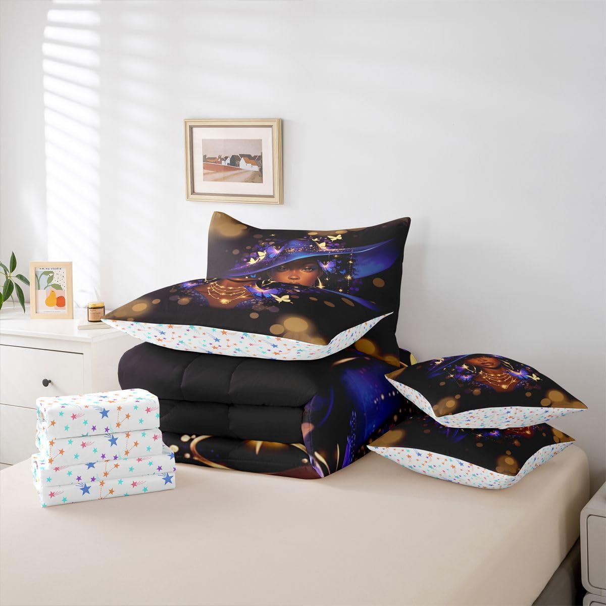 Erosebridal Black Girls Magic Queen Bedding Set Blue Witch Hat Comforter Set with Flat and Fitted Sheet Women Teen Vibrant Butterfly 7-Piece Bed in a Bag Stylish Luxury Gold Art Quilt Sets