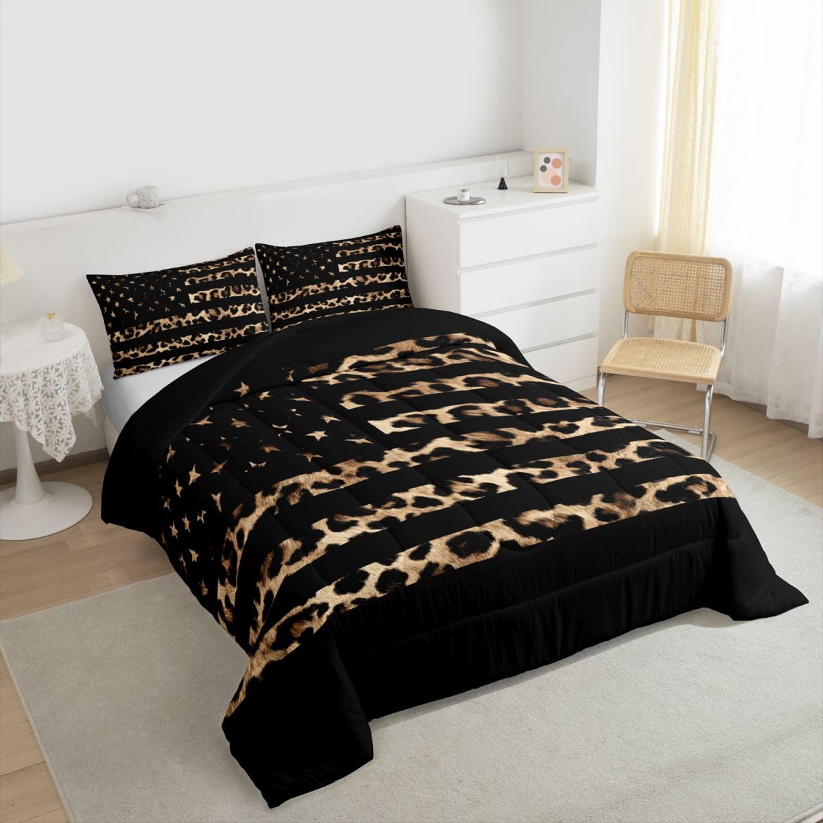 Feelyou American Flag Leopard Kids Comforter Set Queen Size Hunting Bedding Set Brown Cheetah Print Duvet Quilt for Kids Boys Girls Bedroom Animal Fur Decor Microfiber Ultra Soft Breathable