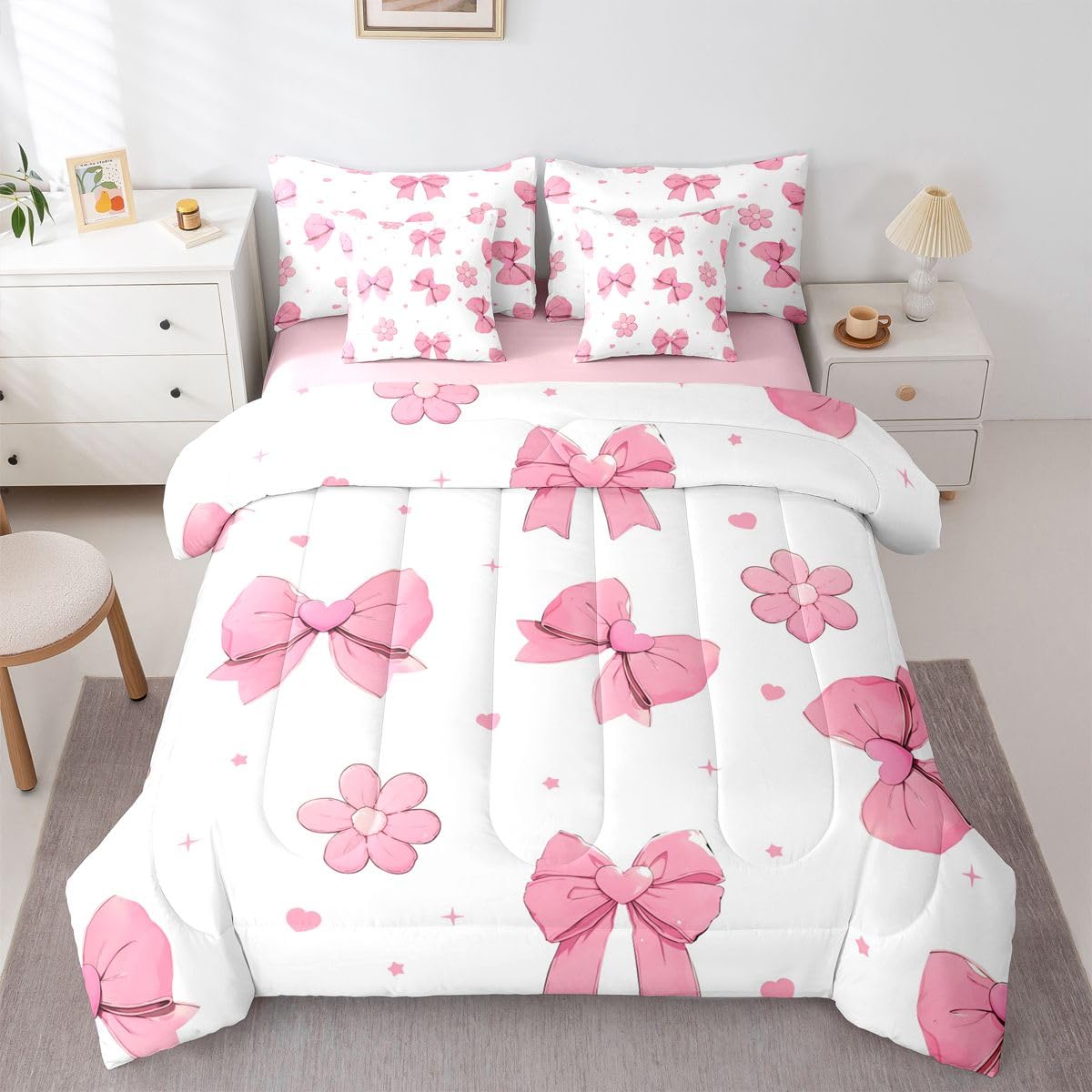 Erosebridal Pink Bows King 7 Piece Comforter Set for Girls Bedroom Bowknot Bedding Set Bed in A Bag Dreamy Coquette Bow Bed Set Girly Ribbon Heart Flowers Quilt Comforter with Sheets