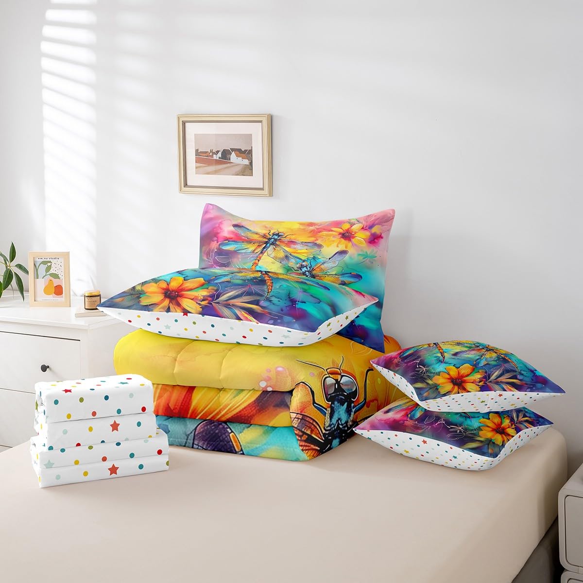 Erosebridal Tie Dye Drangonfly Bedding Set 7Pcs,Oil Painting Petal Floral Comforter Set Queen,Rustic Farmhouse Style Quilt,Aesthetic Watercolor Bed in a Bag