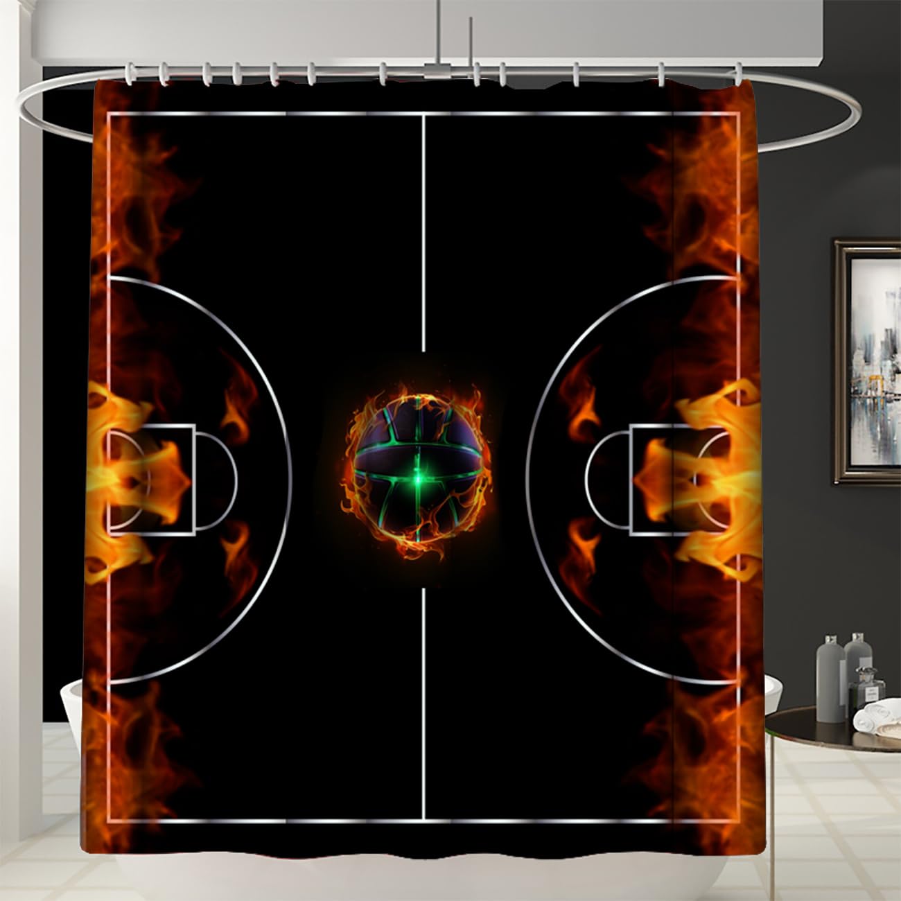 JPSBJWJ 4 Pcs Basketball Court Bathroom Set - Black Basketball Shower Curtain Sets Cartoon Sports Shower Curtain with Rug,Toilet Cover,U Shaped Mat and 12 Hooks