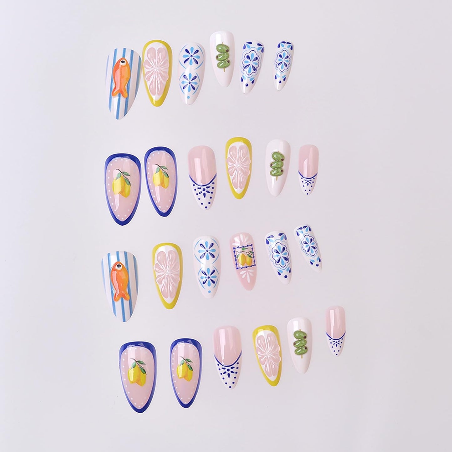 24Pcs Cute Lemon Press on Nails Medium Fake Nails French Almond Manicure, Artificial Acrylic Nails French Tips Stick on Nails Light Nude Fake Fingernail Summer False Nails for Women Nail Decoration