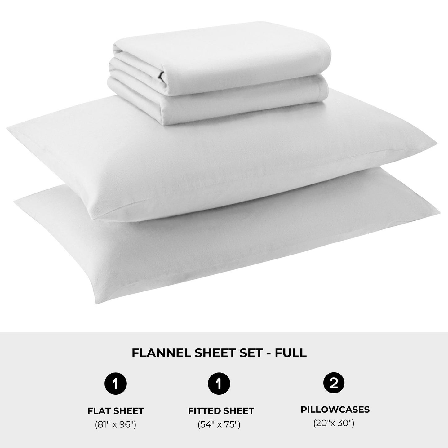 Featherhead 100% Cotton 4PCs Flannel Sheet Set | Double-Brushed for Extra Softness, Warm & Breathable, Extra Deep Pockets fits Up to 17” (White, Full)