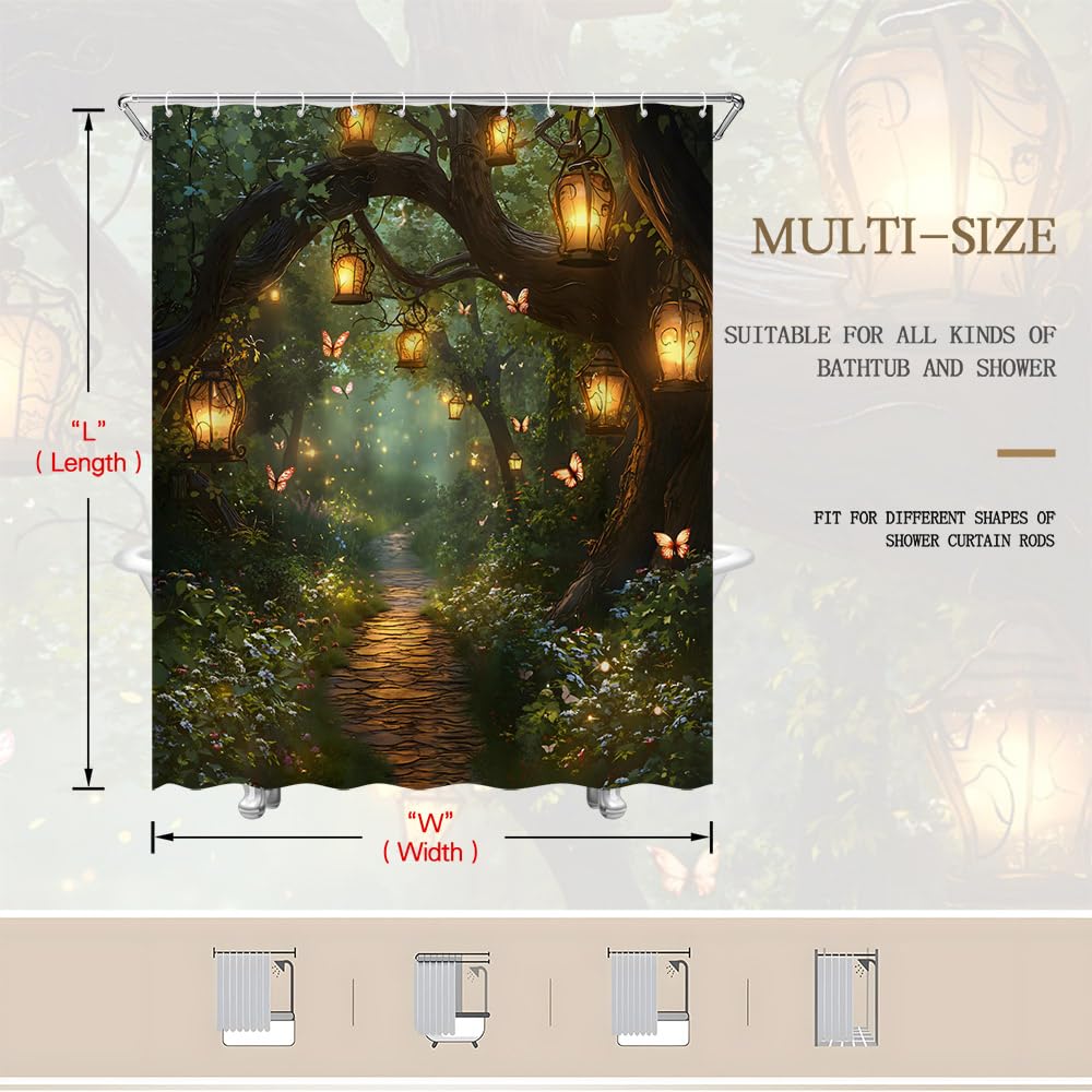Fantasy Forest Shower Curtain Fairytale Jungle Magical Enchanted Misty Wonderland Floral Tree Butterfly Lantern Nature Landscape Bath Curtain Fabric Bathroom Accessories Decor with Hooks 70"X70"