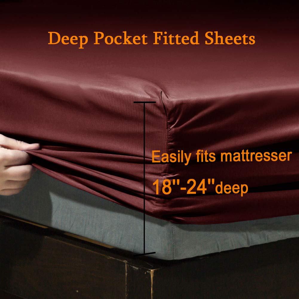 SONORO KATE Bed Sheet Set Super Soft Microfiber 1800 Series Luxury Egyptian Sheets Fit 18-24 Inch Deep Pocket Mattress Wrinkle-6 Piece (Burgundy, Queen)