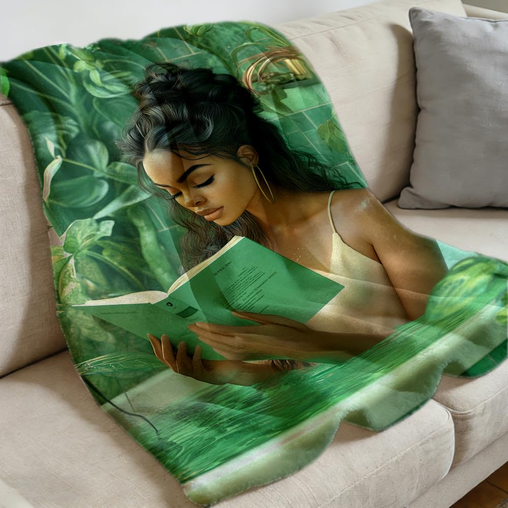ZHOUSHUTONG Black Girl Reading Book in Bathtub Flannel Throw Blanket, Cozy Warm African American Women Blankets, Lightweight Fuzzy Soft Green Botanical Flannel Blanket for Couch Bed Sofa 49"x59"
