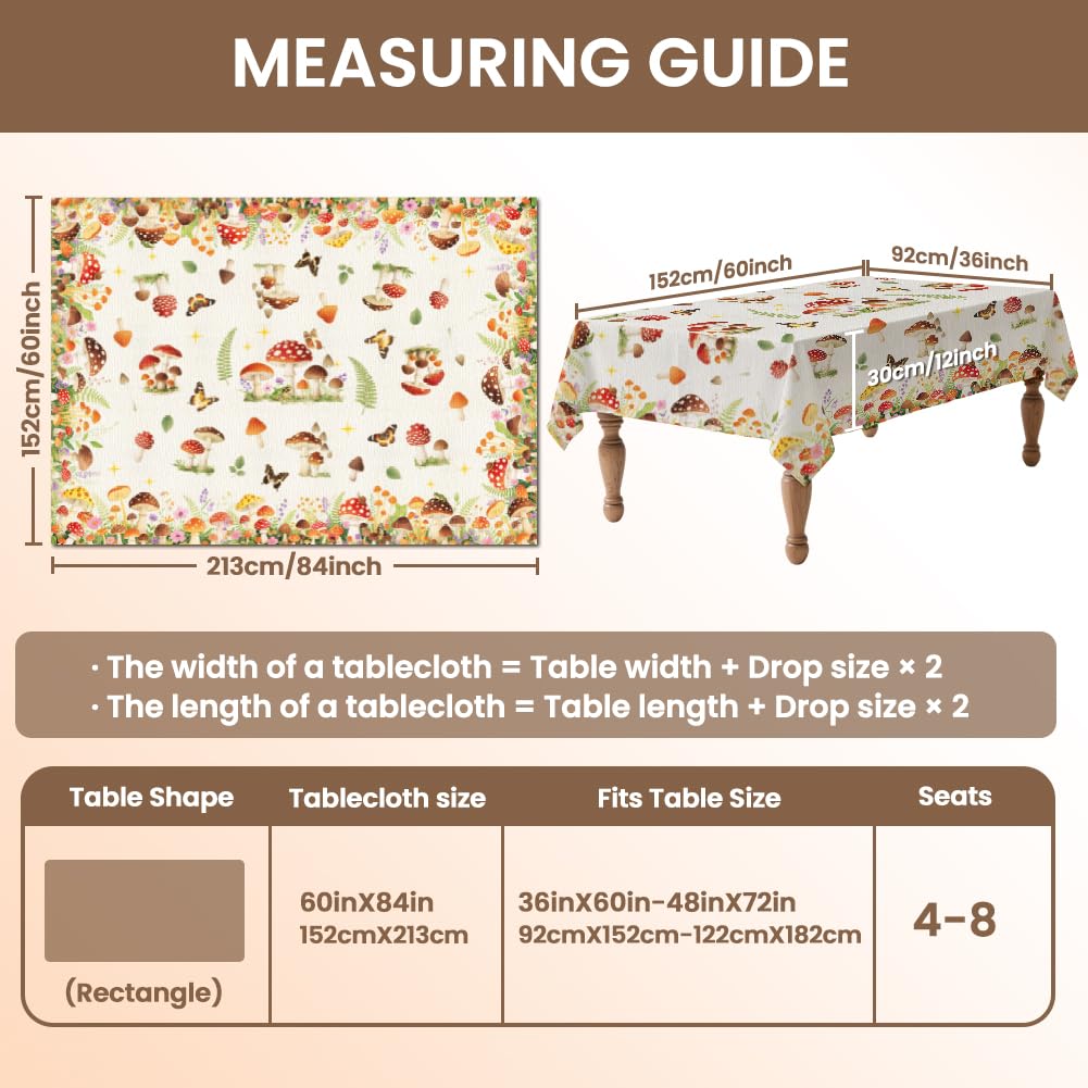 ANATTASOUL Mushroom and Flower Rectangle Table Cloth Waterproof 6ft Fall Spring Summer Tablecloth, 84"x60" Stain Resistant and Wrinkle Free Table Cover for Dining Party Buffet Camping Wedding