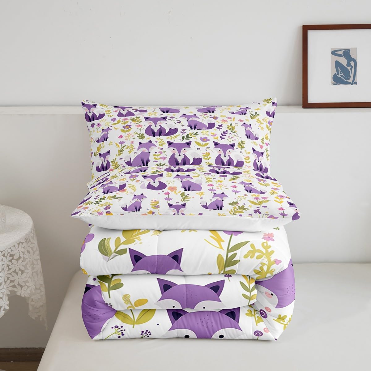 Feelyou Purple Fox Comforter Set Twin Size Kids Cute Cartoon Fox Bedding Set for Boys Girls Teens Animal Floral Comforter Breathable Woodland Fox Duvet Set Nature Wildlife Quilt Set