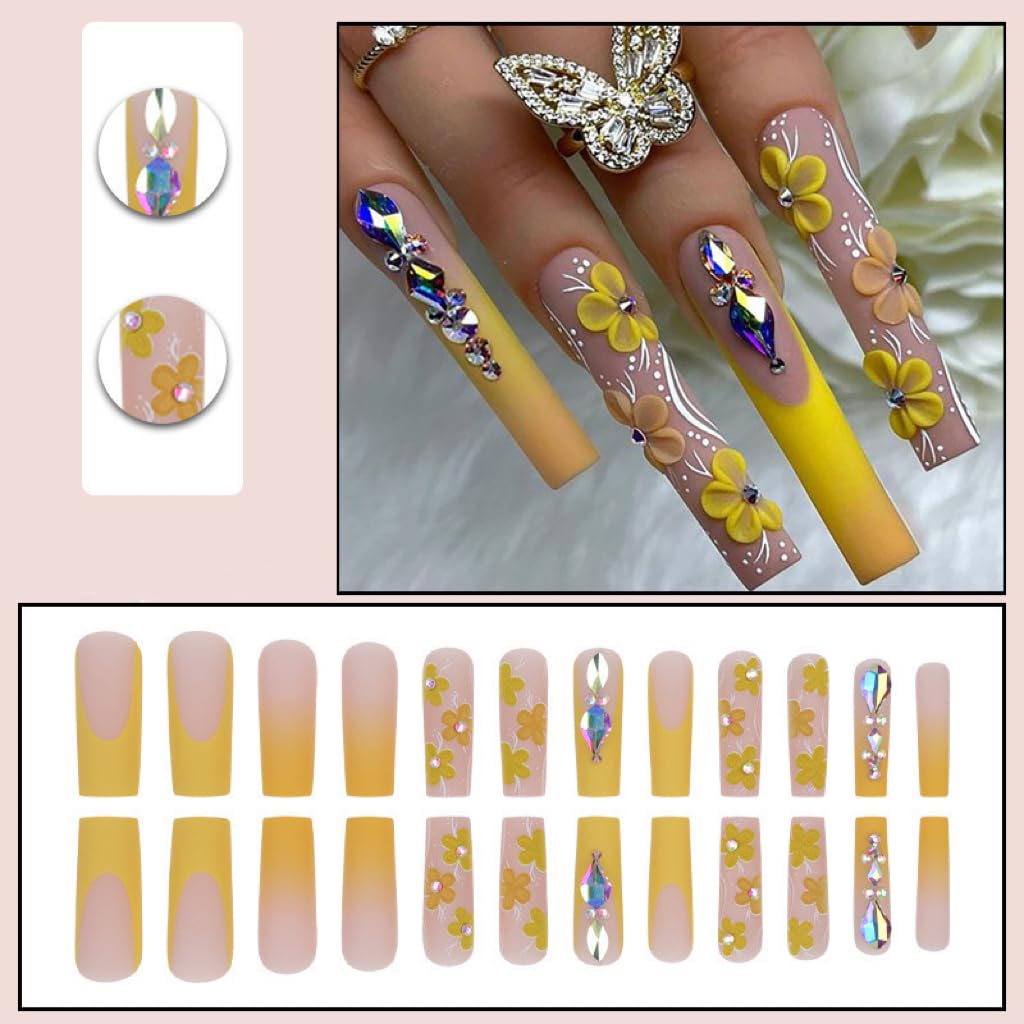 Long Press Coffin False Nails with Yellow Ombre Design Full Cover Glue on Rhinestones Stick on Acrylic Artificial Nails for Women Manicure 24Pcs
