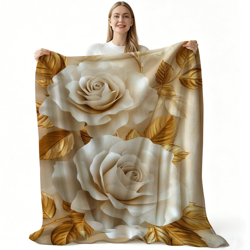 HUNXIAOJ Flower Print Blanket White and Gold Throw Blanket White Floral Print Flower Bedding Warm Soft Flannel for Adults Bed Sofa Couch (49in x 59in)