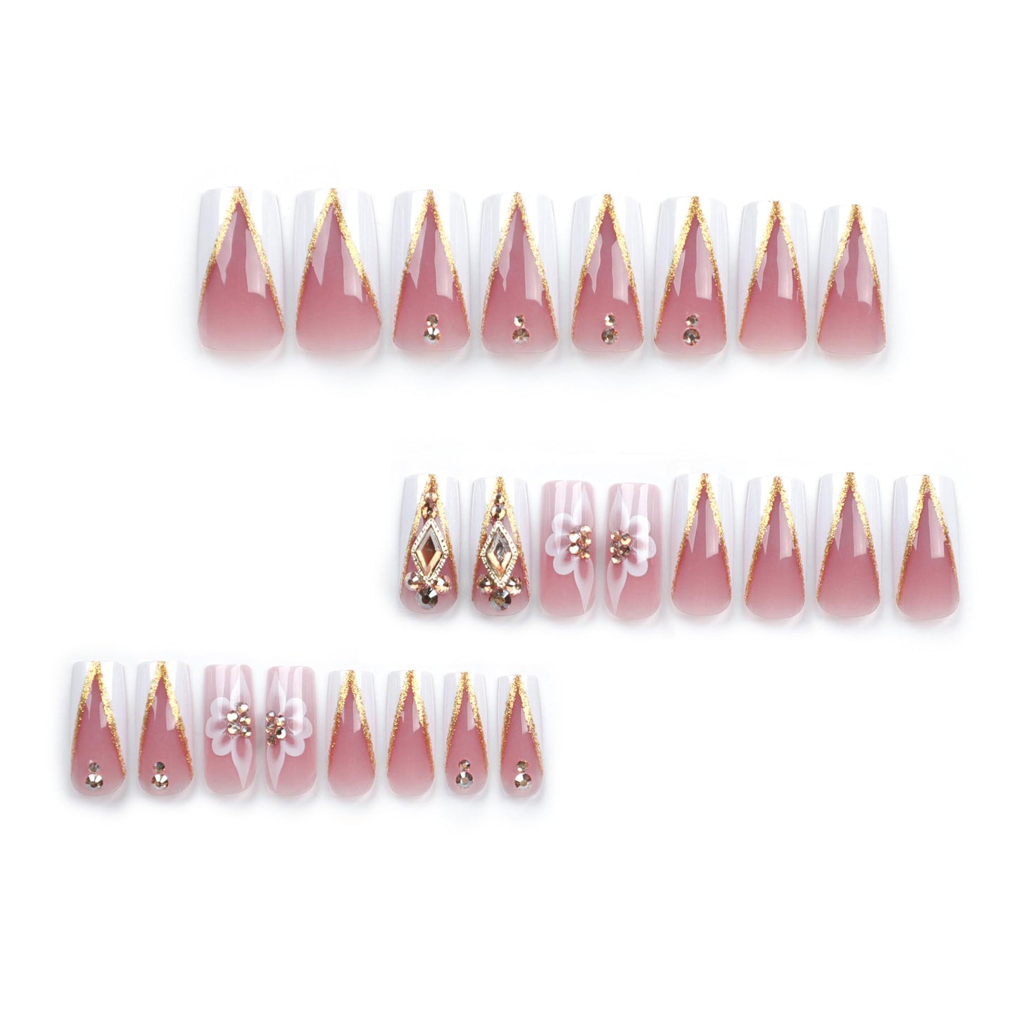 RTKHFZE Press on Nails Long Square Fake Nails Gold Glitter V Shape False Nails French White Flower and Three-Dimensional Rhinestones Designs Acrylic Nails Glossy Full Cover Stick on Nail for Women