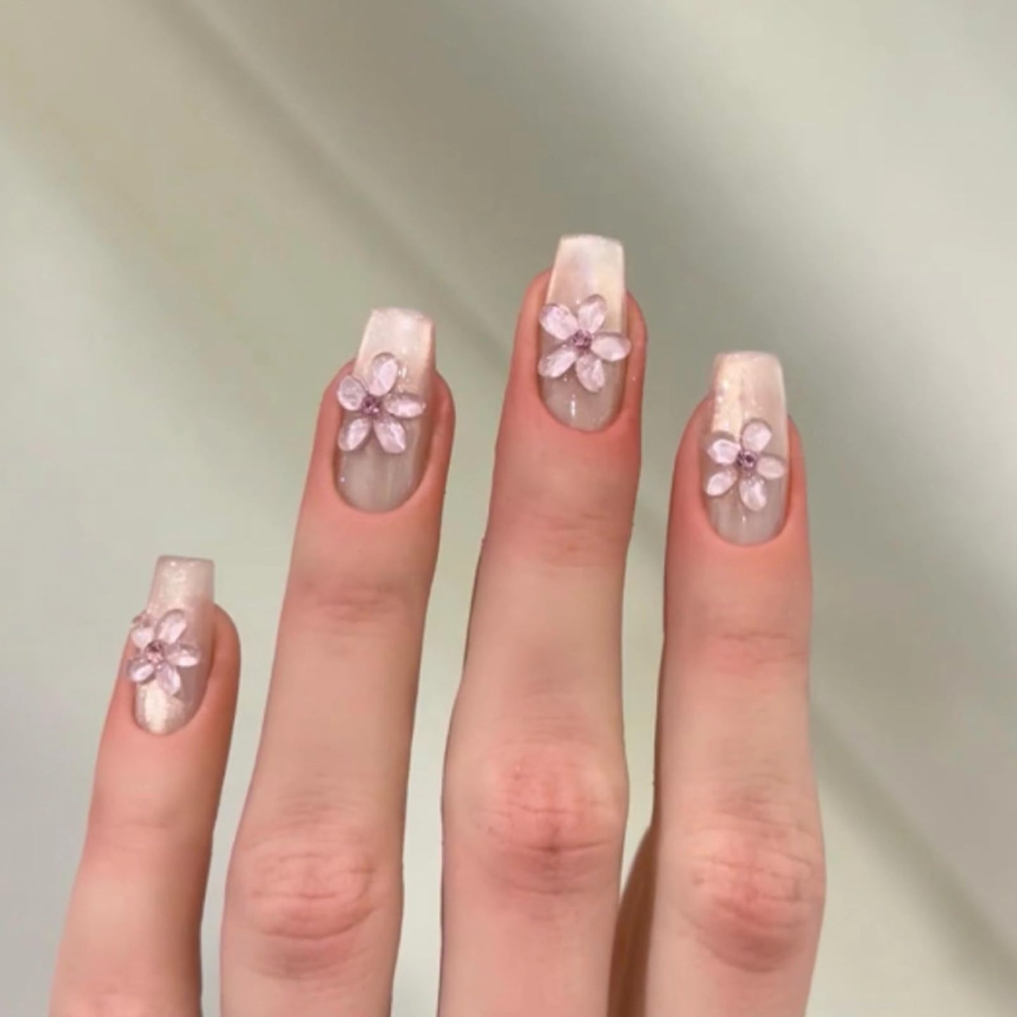 MERVF Coffin Press on Nails Medium Fake Nails Flower 3D Rhinestones Glue ons Nail Nude Glitter Acrylic Ballerina Manicure Glossy 24pcs