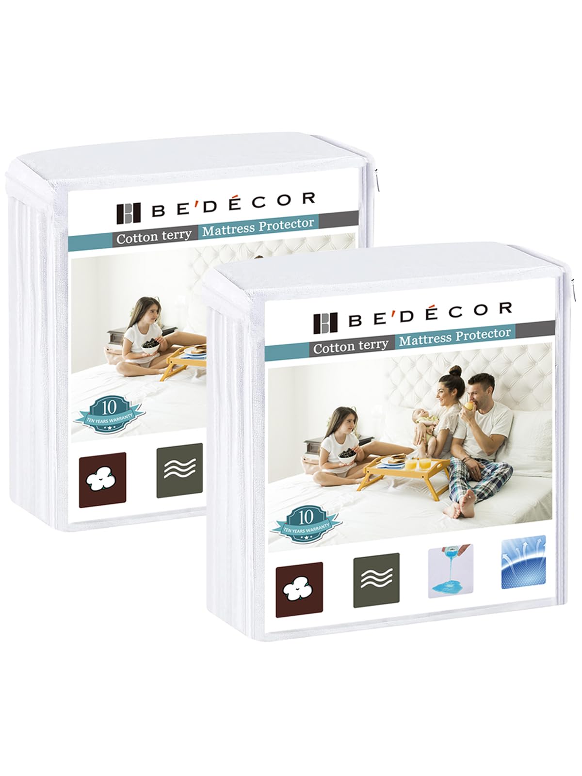 Bedecor 2 Packs Queen Mattress Protector Waterproof Protection Soft Cotton Terry Top Cover,for Babies Pregnant Women Incontinent Persons Deep Pocket to 18"