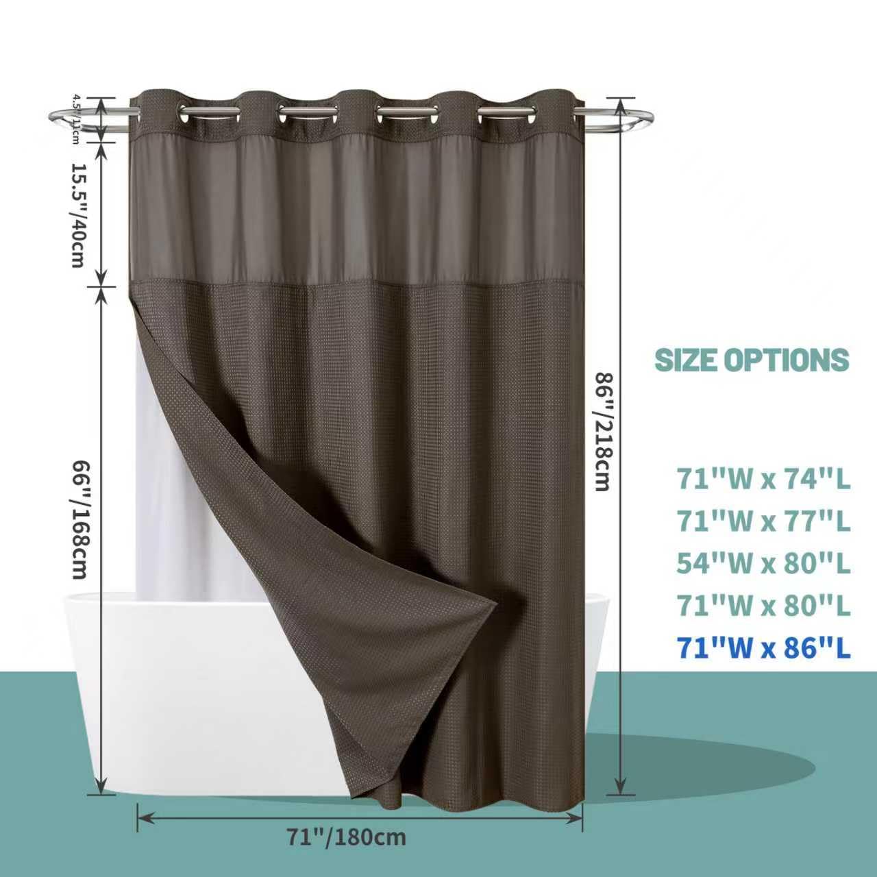 eachope Brown Extra Long No Hook Waffle Weave Shower Curtain with snap-in Liner Replacement, 230GSM Waterproof Fabric Hotel Shower Curtain Set for Bathroom, Through Mesh Top Window,71Wx86H