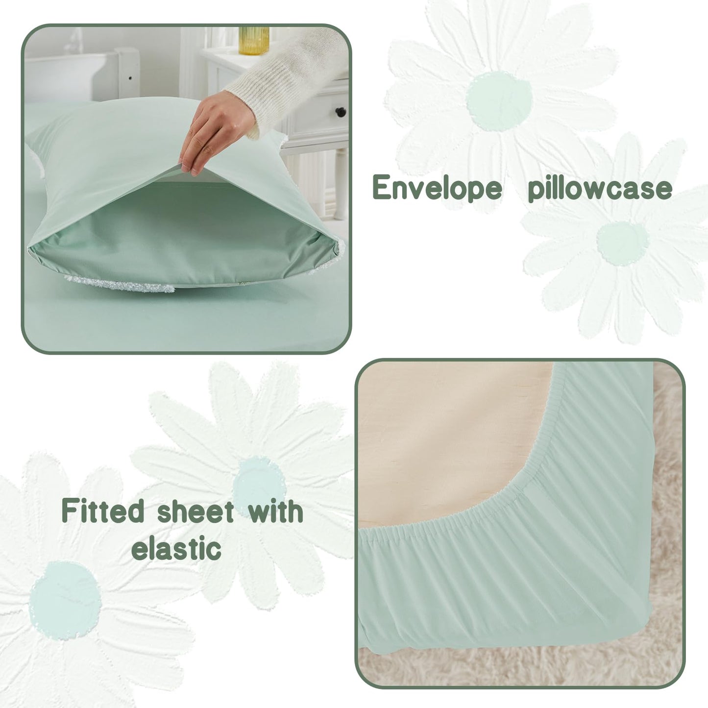 Toddler Bedding Set for Girls 4-Piece Sage Green Boho Tufted Daisy Flowers Toddler Comforter Set Bed-in-a-Bag Toddler Sheets Bedroom Set with Toddler Comforter, Flat Sheet, Fitted Sheet, Pillowcase
