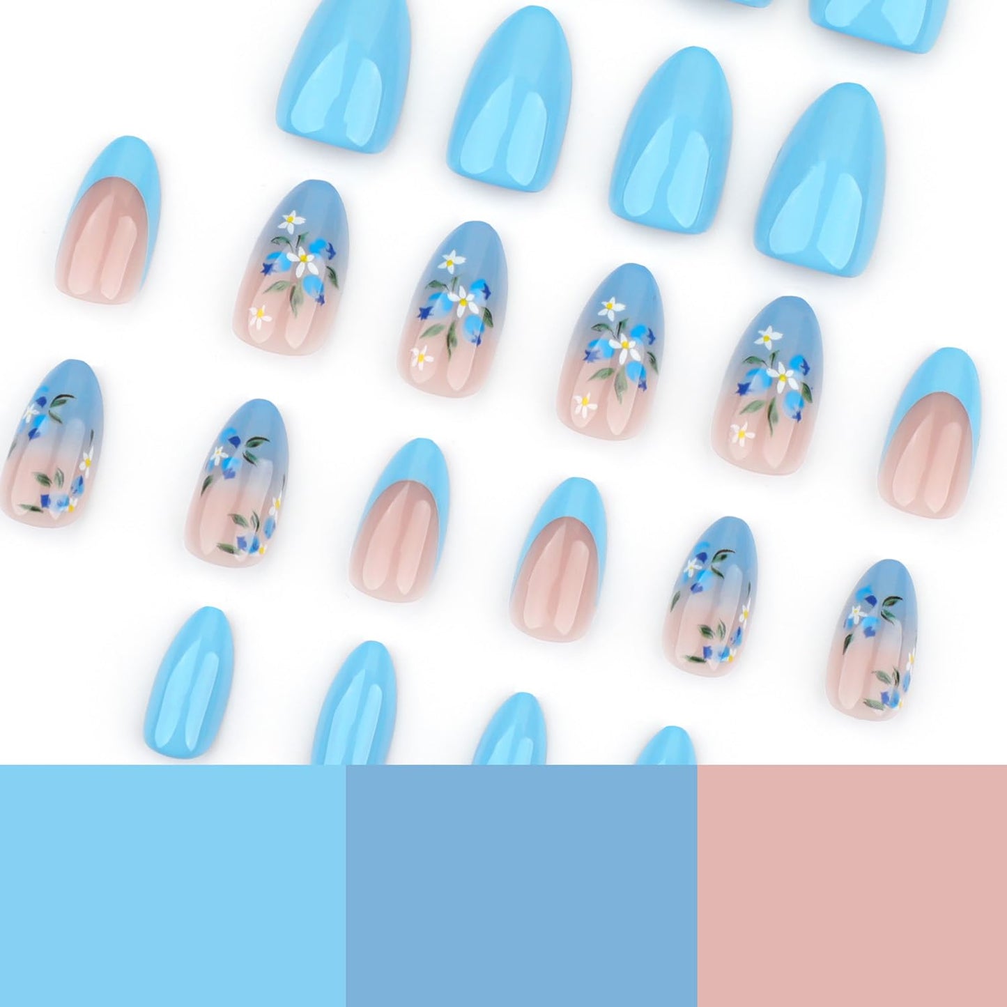 LPOODDNU Flower Press on Nails Almond Shape Fake Nails Medium Length Blue French Tip False Nails with Designs Glossy Full Cover Glue on Nails Cute Almond Stick on Nails for Women Finger Manicure