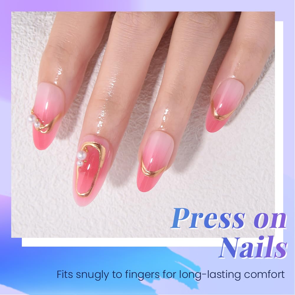 evpct Ombre Peach Pink Press on Nails Short Almond with 3D Pearl Gold Line, Pink French Tip Stick on Nail for Women, Reusable Full Cover Soft Press on Fake Nail with Ombre Design Perfectly Fit