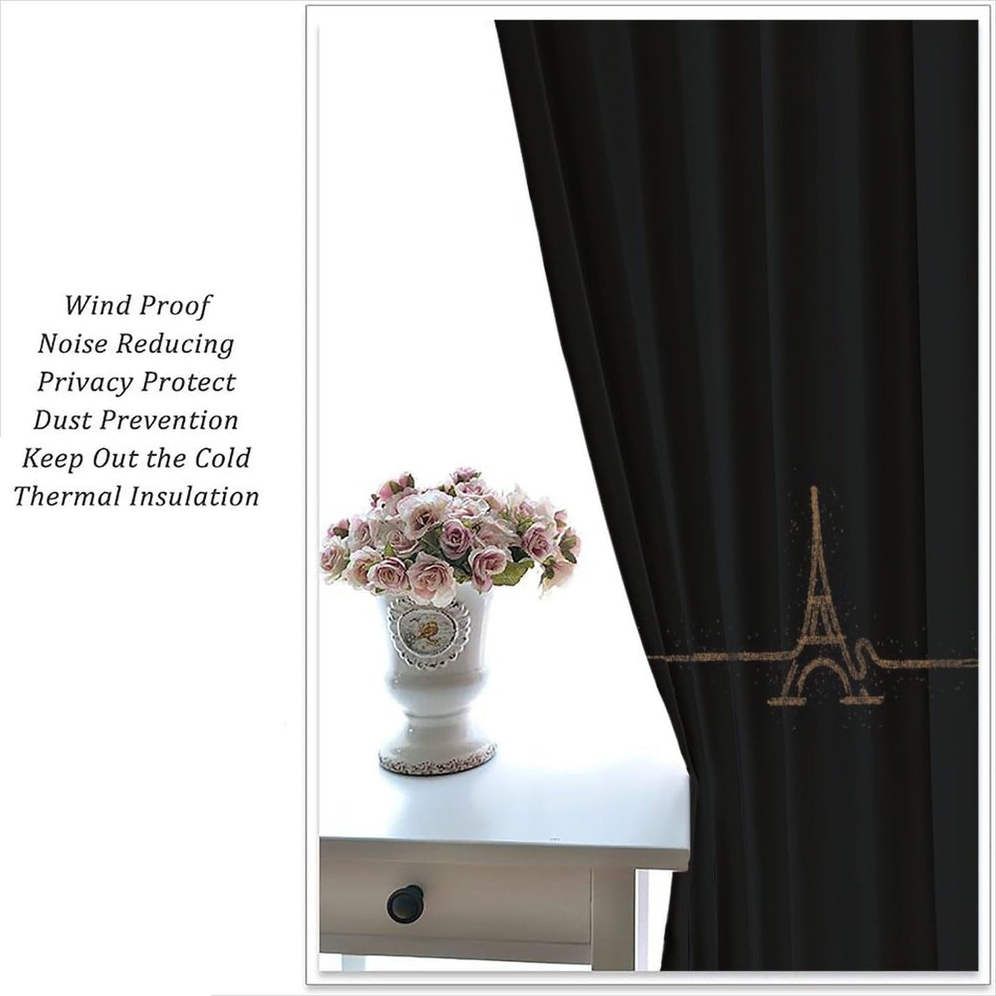 Fblifil Simple Luxury Eiffel Tower Curtain Black Background, Gold Eiffel Tower, Exquisite Home French Romantic Printed Rod Pocket Window Treatments for Bedroom Living Room Decor 42" W X 45" L