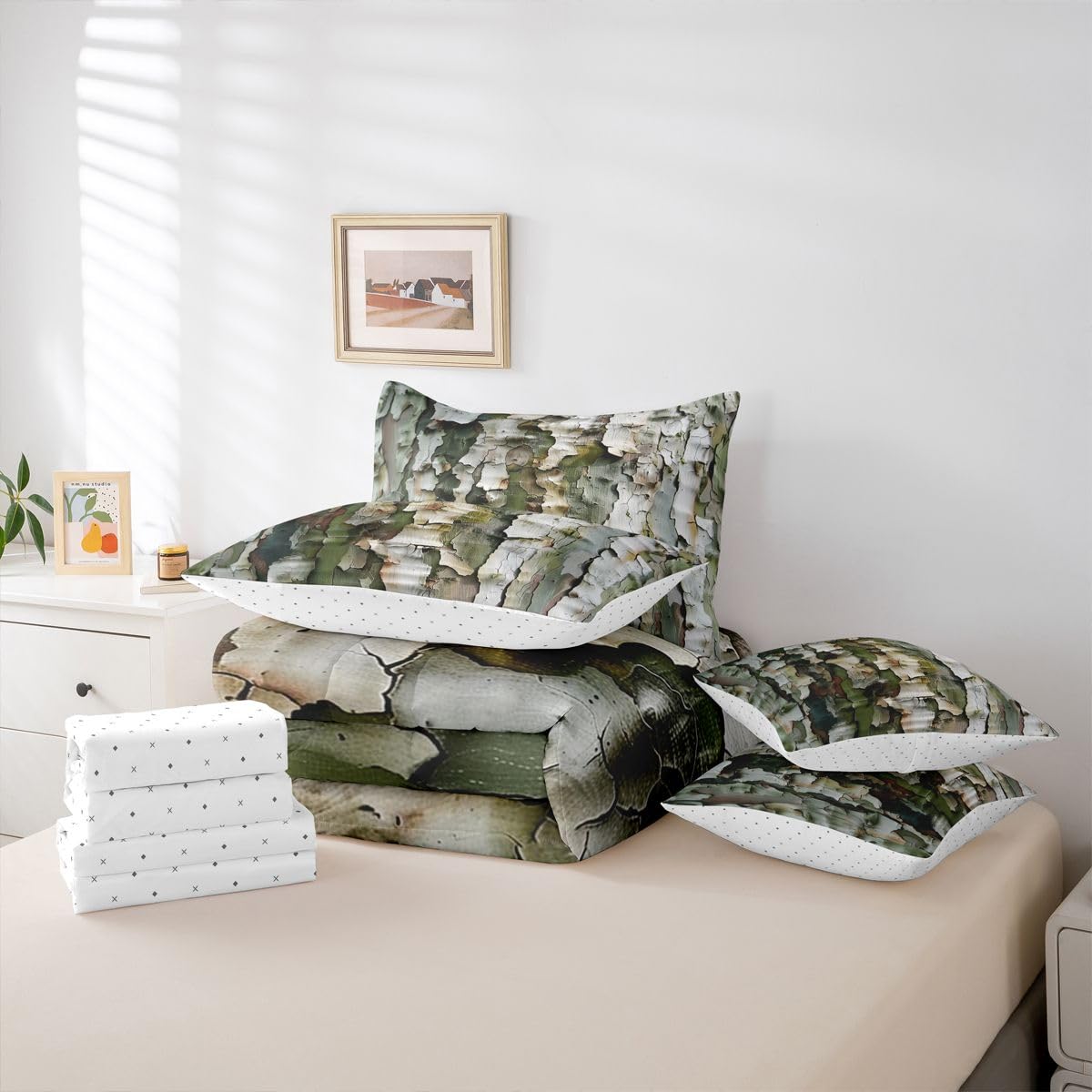 Feelyou Tree Branches Comforter Set with Sheets 7 Piece Queen Size Tree Leaf Bedding Set for Kids Boys Girls Botanical Bed in a Bag Nature Theme Room Decor Soft Microfiber