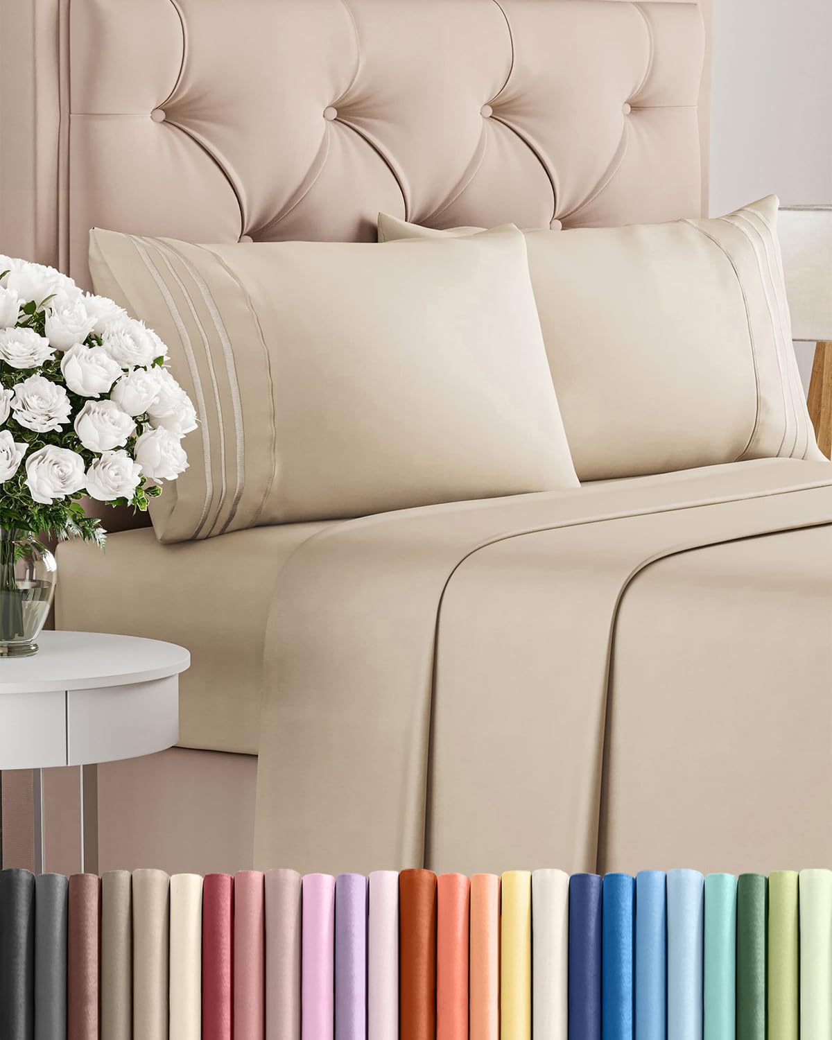 Queen Size 4 Piece Sheet Set - Comfy Breathable & Cooling Sheets - Hotel Luxury Bed Sheets for Women & Men - Deep Pockets, Easy-Fit, Extra Soft and Wrinkle Free Sheets - Wheat Oeko-Tex Bed Sheet Set