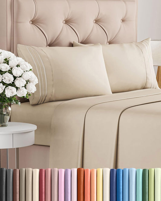 Queen Size 4 Piece Sheet Set - Comfy Breathable & Cooling Sheets - Hotel Luxury Bed Sheets for Women & Men - Deep Pockets, Easy-Fit, Extra Soft and Wrinkle Free Sheets - Wheat Oeko-Tex Bed Sheet Set