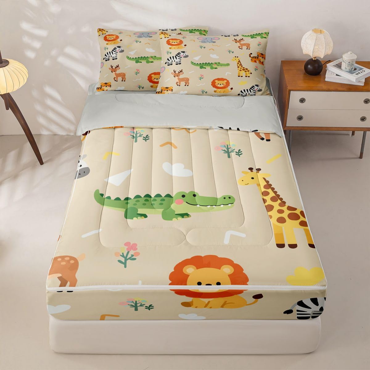 Erosebridal Kids Zoo Animal Zipper Bedding Nursery Cute Wild Animals Zippable Comforter Set Lion Elephant Crocodile Wildlife Bed in a Bag Twin Size Safari Wild Print Natural Theme Zip Up Bed Set
