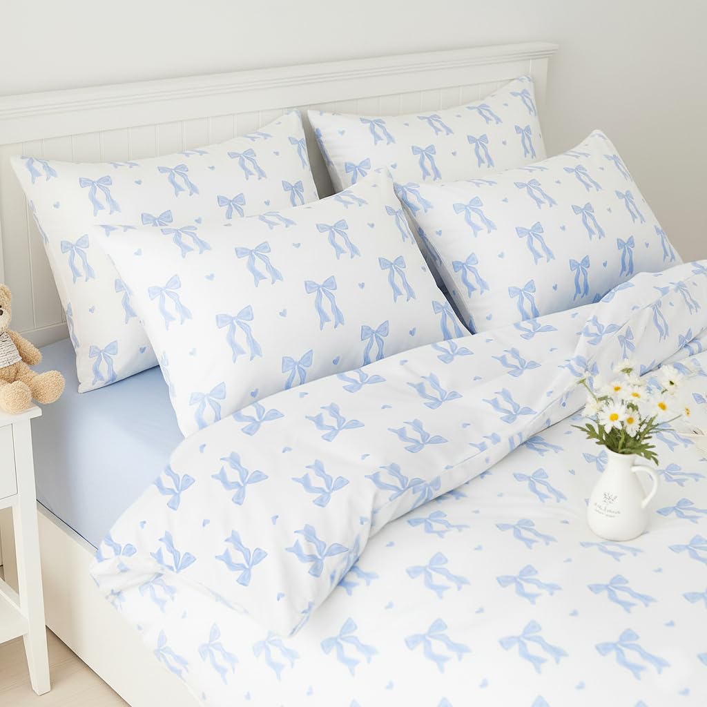 Sedefen Blue Bow Duvet Cover, 3 Pieces Cute Heart Pattern Bedding Set, Reversible Coquette Aesthetic Bowknot Love Printed Duvet Cover Set for Girls Bedroom, All Season