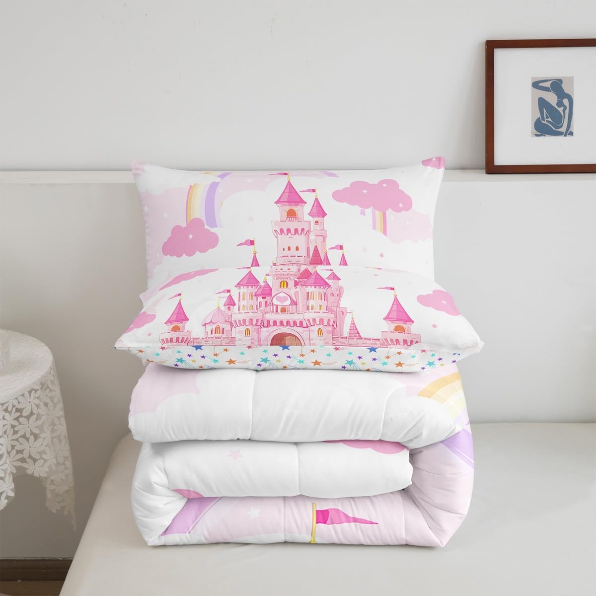 Feelyou Kids Queen Pink Castle Comforter Set Rainbow Castle Bedding Set Girls Princess Comforter Fairy Tales Duvet Set Girls Bed Set 3Pcs