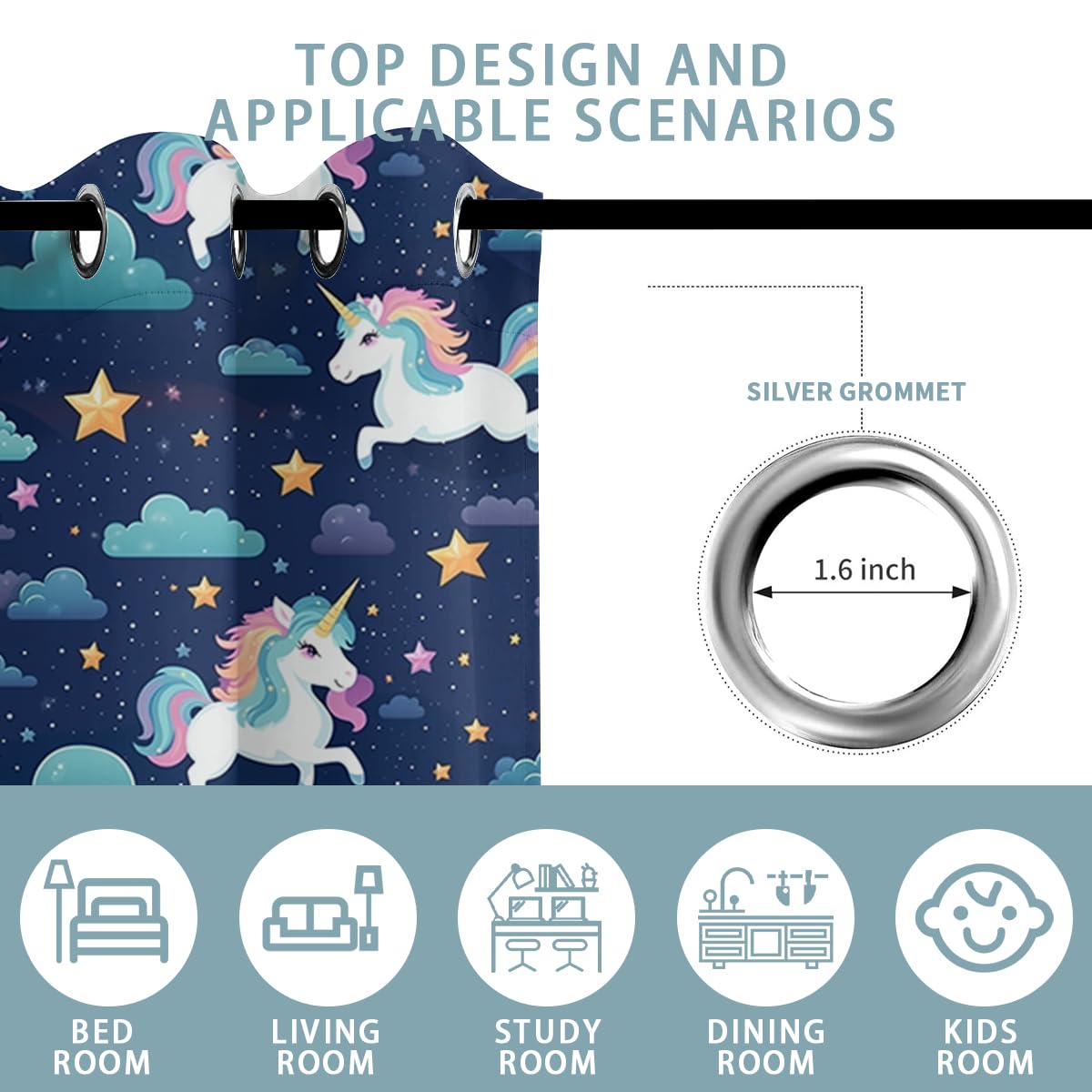 Cute Unicorn Blackout Curtains for Girls Boys Kids Home Decor, Fantasy Cartoon Unicorn Stars Clouds Grommet Thermal Insulated Drapes Darkening Window Curtain for Bedroom Living Room, 42 x 45 Inch