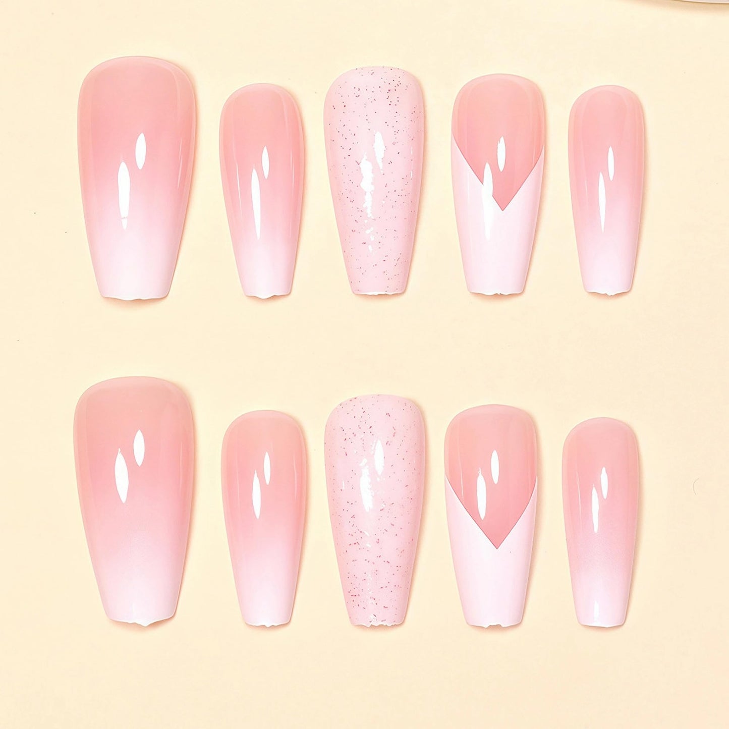 MERVF Coffin Press on Nails Long, White Ombre French Tip Fake Nails Chevron Glitter Solid Color Design Glue ons Acrylic Nail Glossy 24pcs