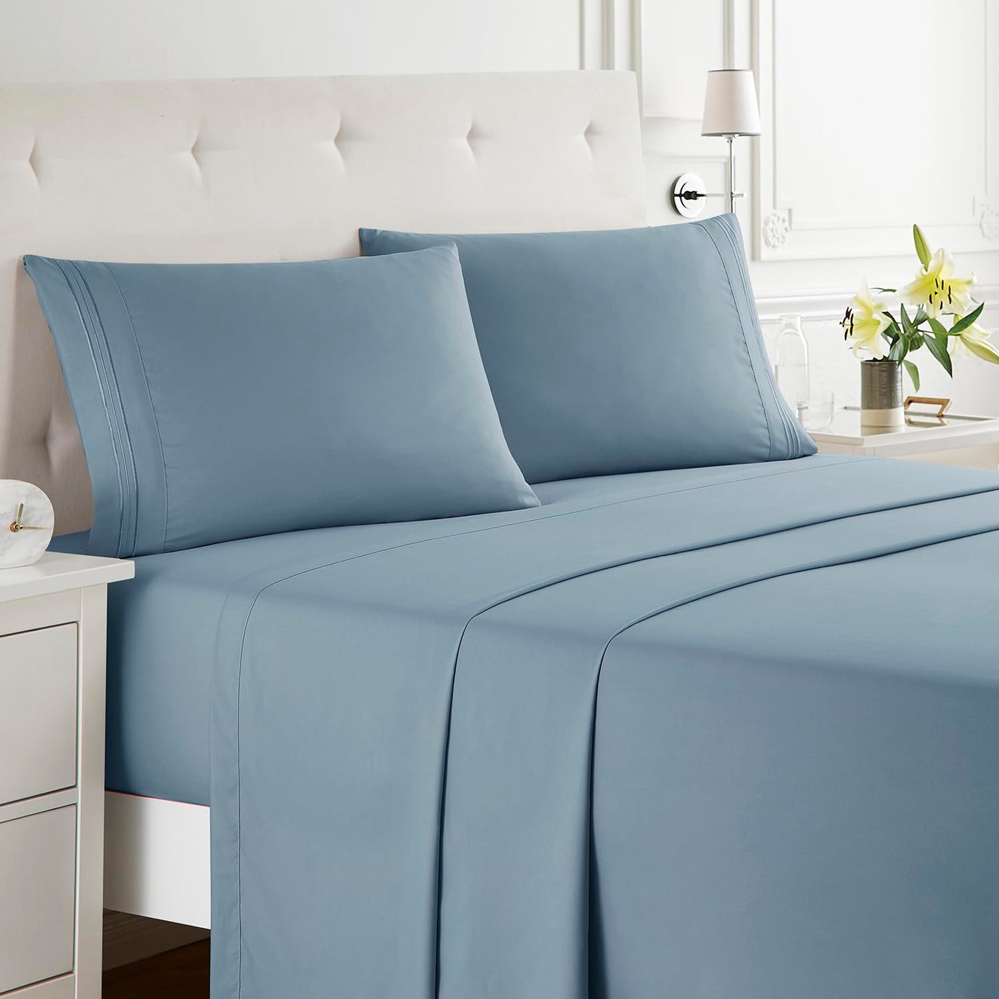 Clara Clark Full XL Bed Sheet Set - Wrinkle, Fade, Stain Resistant, Deep Pocket Sheets - Luxury Soft Bedding Sheets & Pillowcases, Full XL Stone Blue