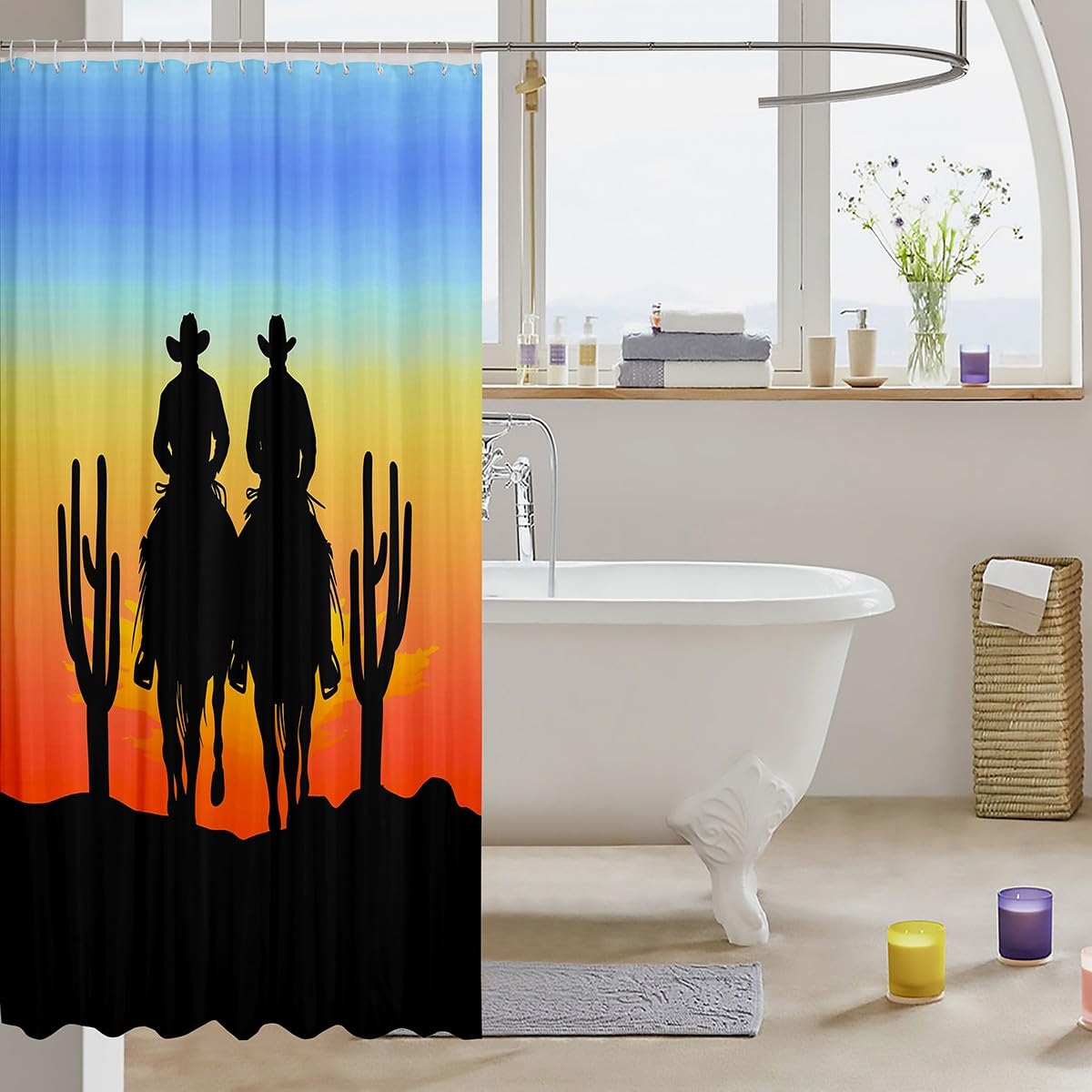 jejeloiu Western Shower Curtain 72"x78" West Cowboy Horse Bath Curtain for Boys Girls Teens Rodeo Cowboy Style Bathroom Shower Curtain Set Waterproof Cactus Kids Bathroom Accessories,12 Hooks Suits