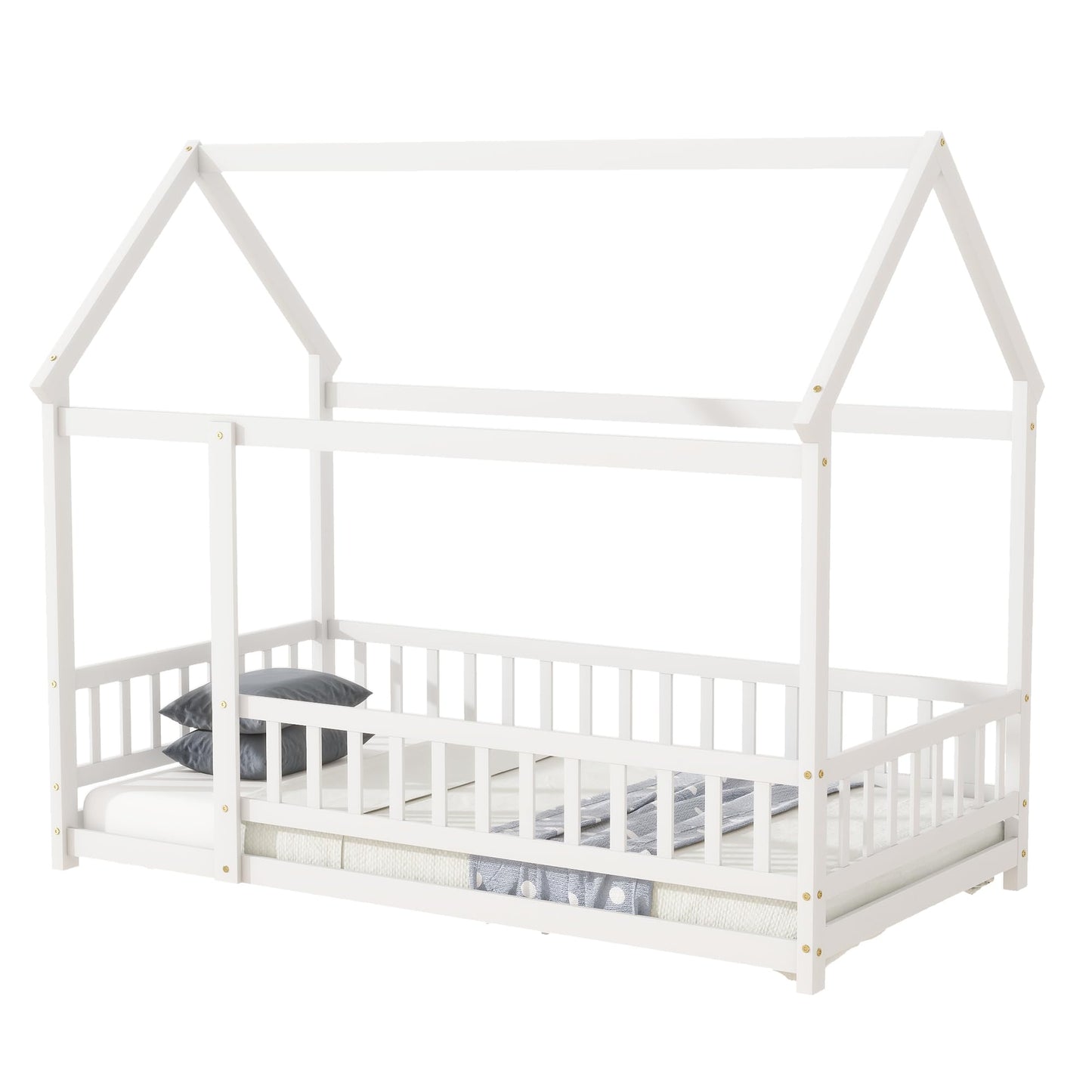 PVWIIK Twin Montessori Floor Bed with High Rails & Roof for Kids Bedroom,High Rails Bed Frame with Fence,No Box Spring Needed, White