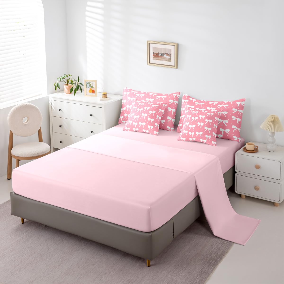 Feelyou Bow Comforter Set with Sheets 7 Piece Queen Size Cute Bowknot Bedding Set for Kids Boys Girls Princess Style Bed in a Bag Pink and White Room Decor Kawaii Soft Lightweight Microfiber