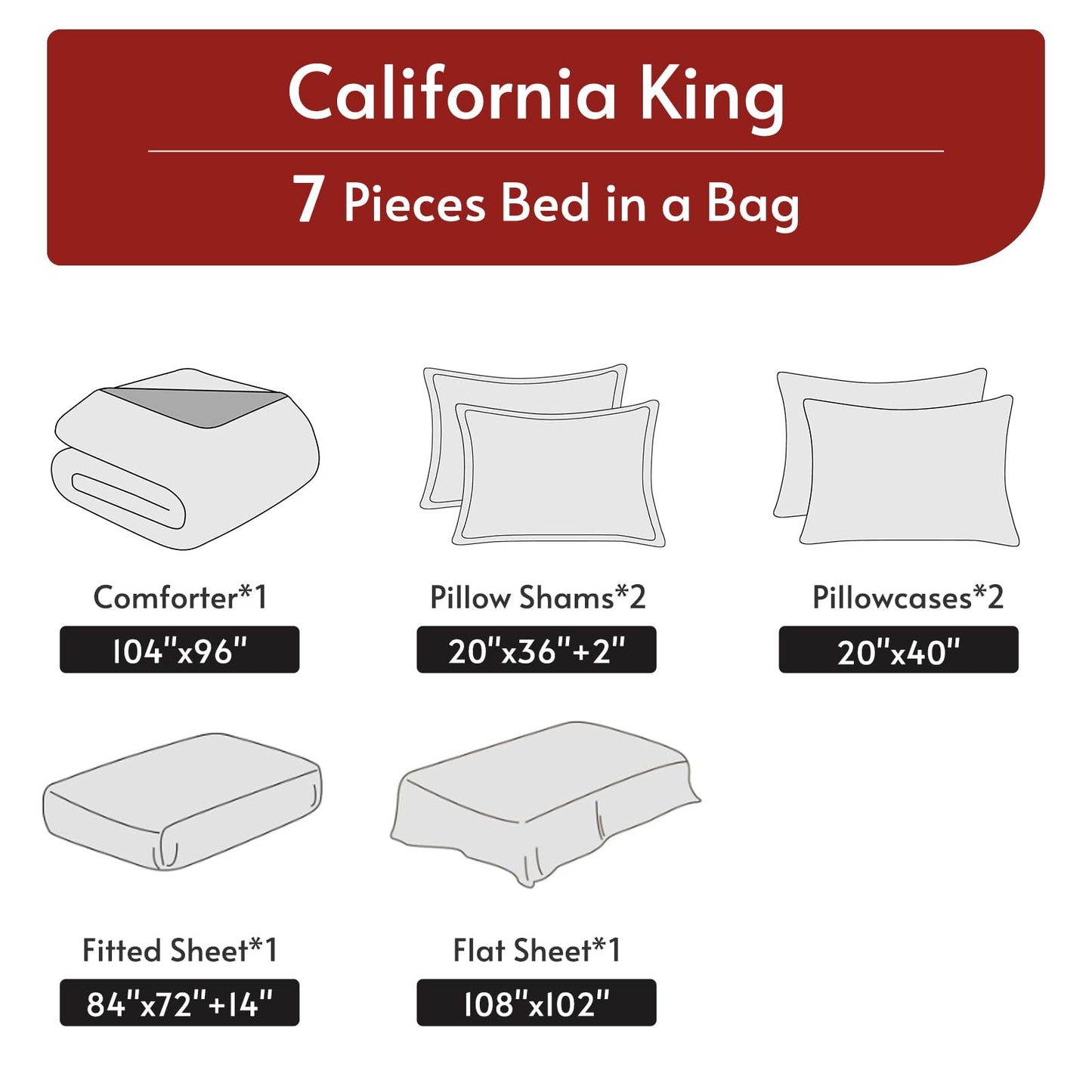 MUXHOMO 7 Pieces California King Comforter Set, Reversible Bed in a Bag Cal King Size, All Season Bedding Set with Comforter, Flat Sheet, Fitted Sheet, Pillowcases & Shams, Burgundy & Rose Gold