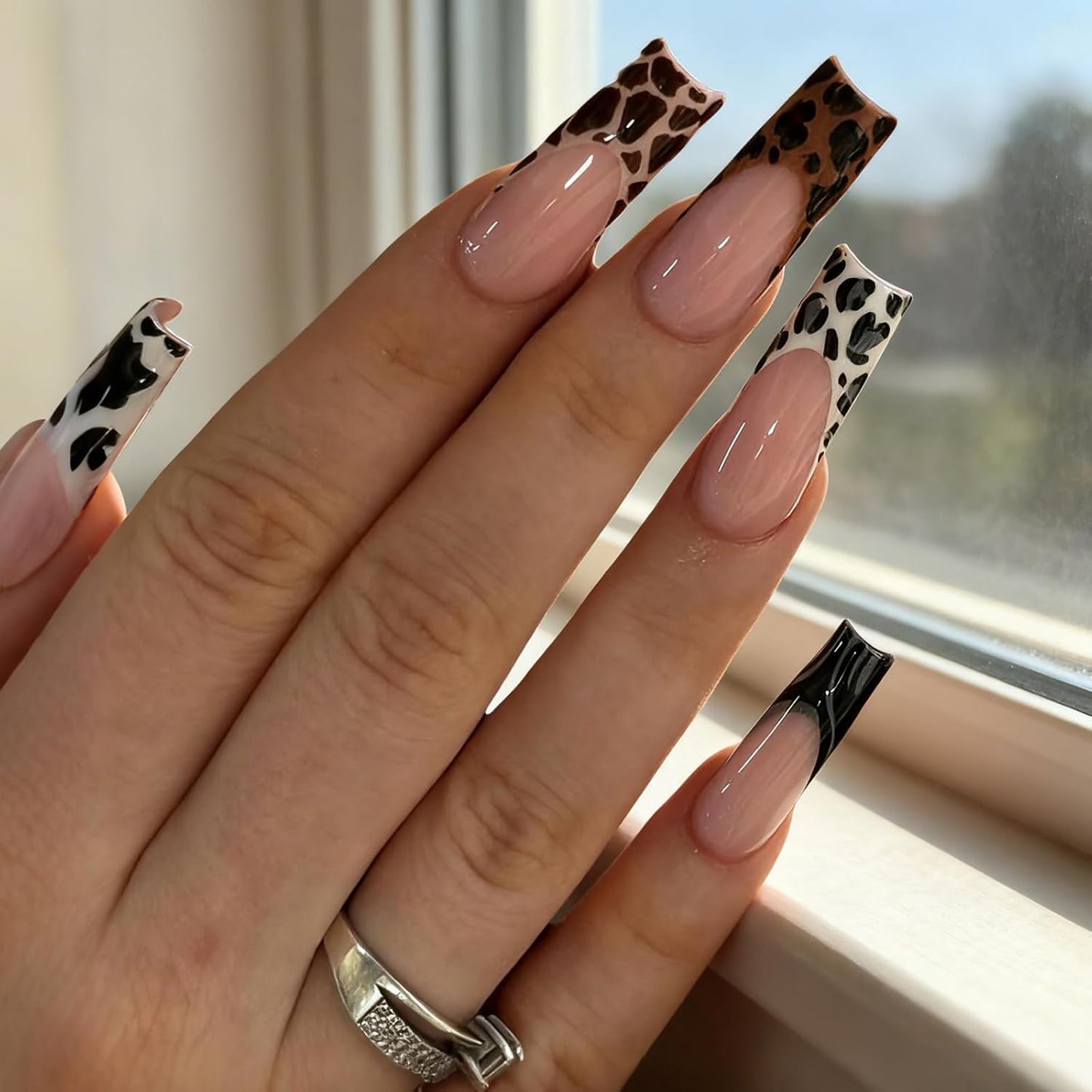 MISUD Press on Nails - Long Square Fake Nails with French Tip, Acrylic Cheetah Cow Print Design 24 pcs