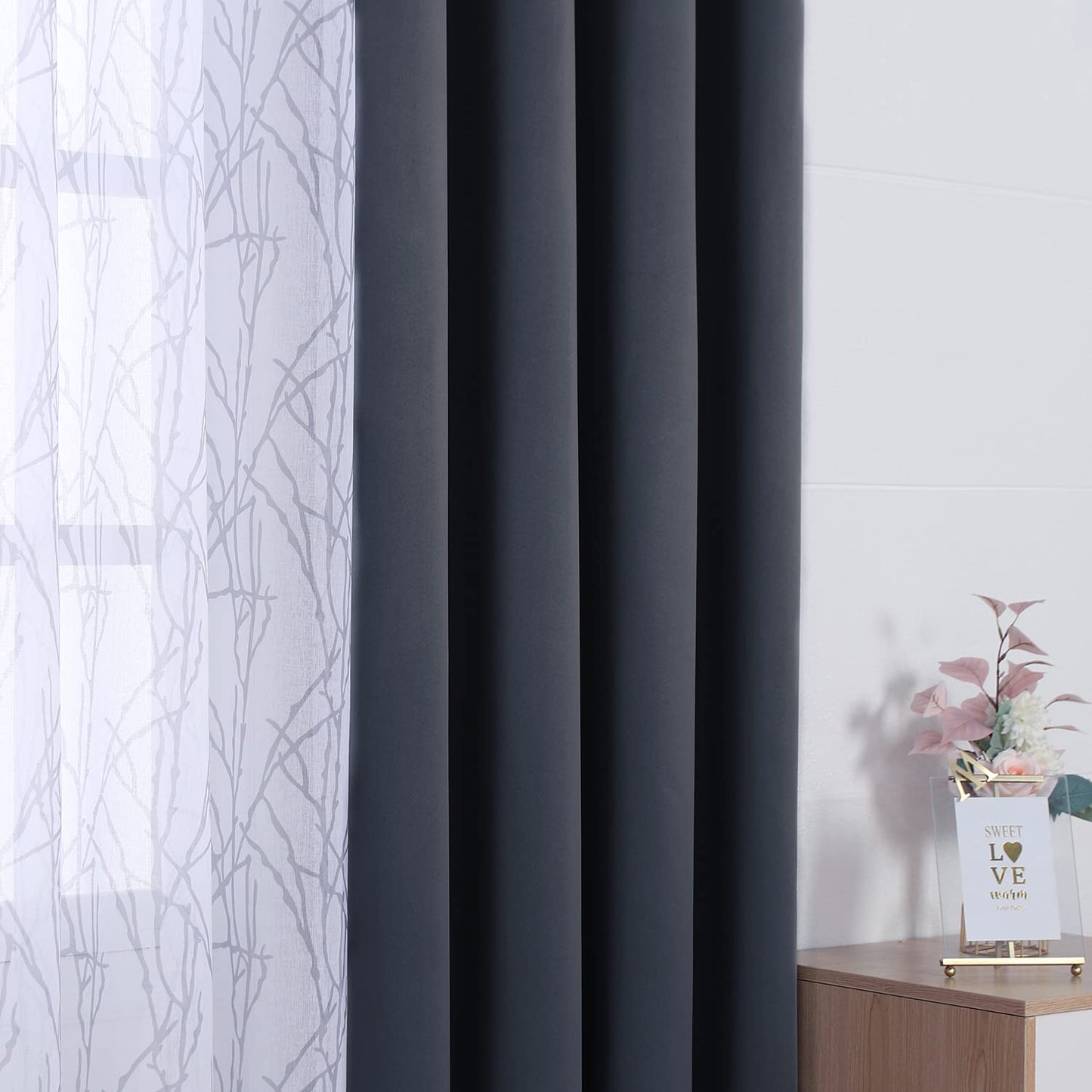 BONZER Mix and Match Curtains - 2 Pieces Branch Print Sheer Curtains and 2 Pieces Blackout Curtains for Bedroom Living Room Grommet Window Drapes, 37x95 Inch/Panel, Grey Dark, Set of 4 Panels