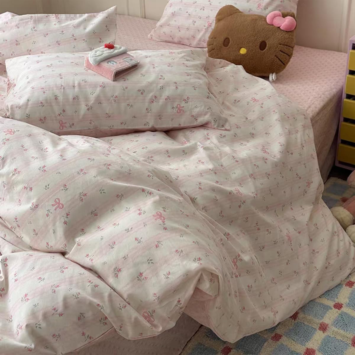 Sedefen Striped Duvet Cover Queen Size Pink Floral On White Bedding Set with Bow Pattern 3 Pieces Kids Boys Girls Cute Bowknot Reversible Princess Style Soft Duvet Cover Set with Zipper Closure