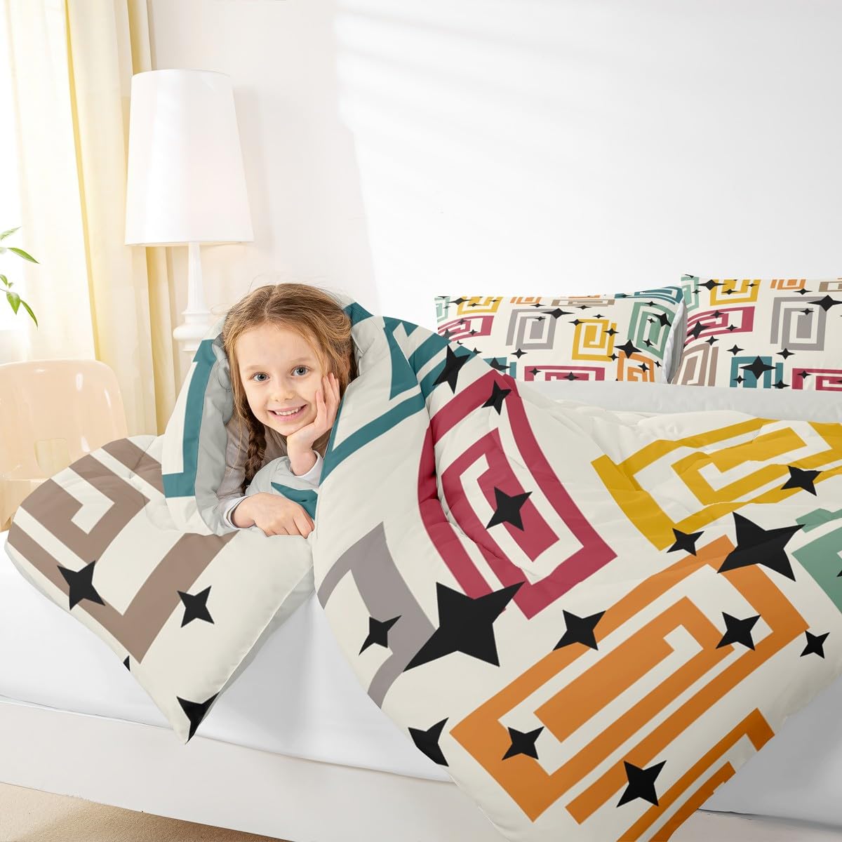 Erosebridal Boho Abstract Geometric Bedding Set King Colorful Geometric Pattern Comforter Set for Kids Boys Girls Black Stars Print Down Comforter,Bohemia Modern Art Quilt Duvet