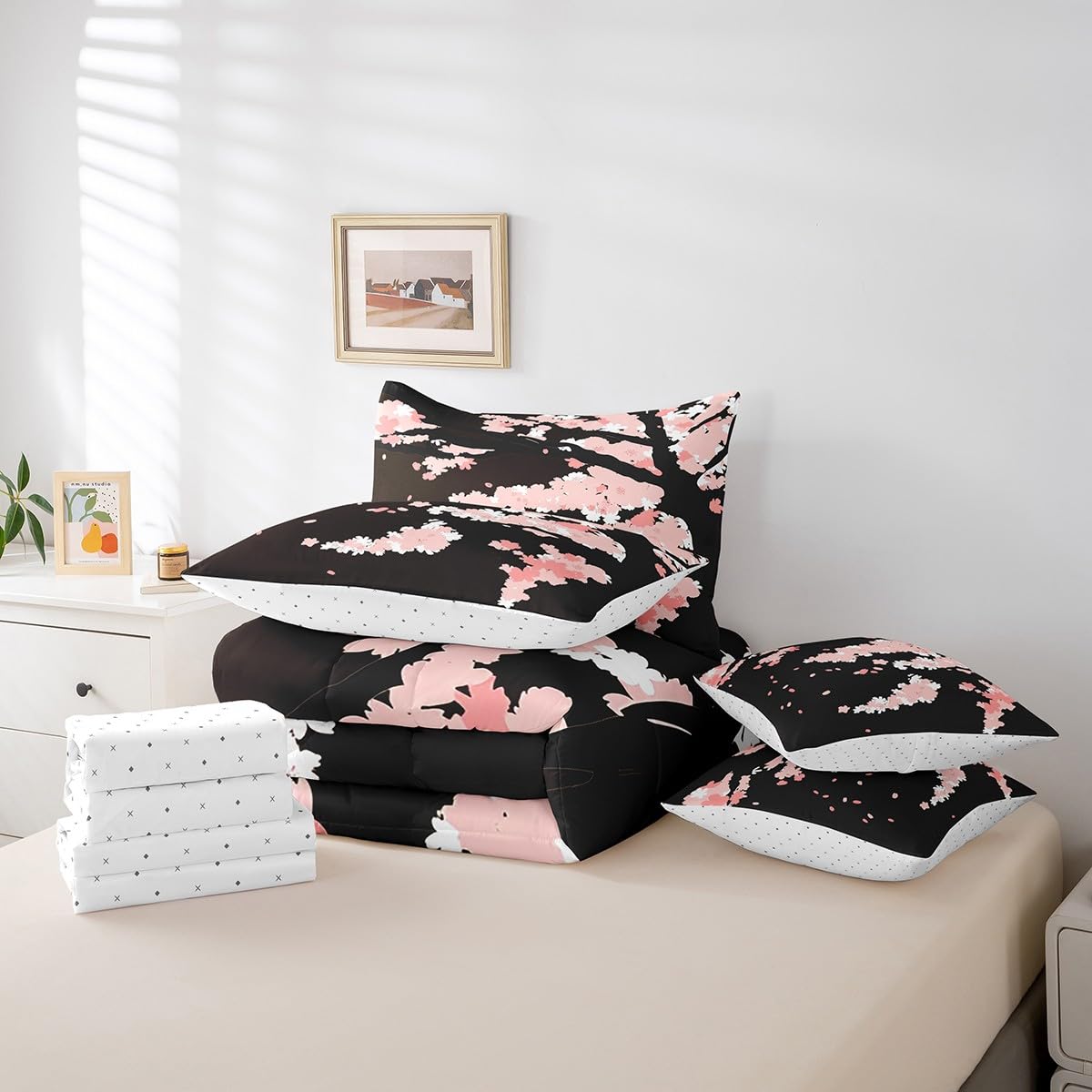 Erosebridal 7 Piece Cherry Blossoms Bed in a Bag for Adult Women Japanese-Style Pink Sheet Set Romantic Theme Bedding with Comforter Girls Boys Teens Botanical Flowers Cushion Covers, Full Size