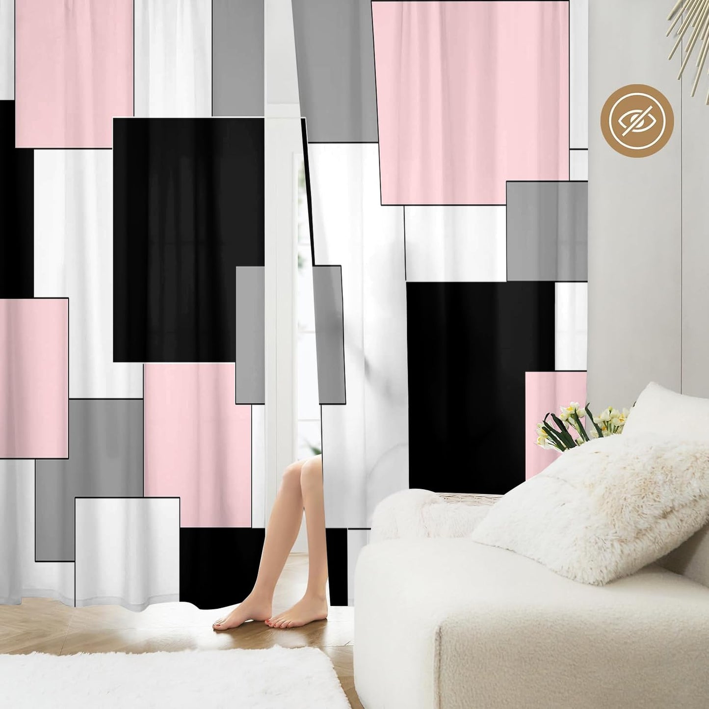 XFLINGBAO Pink and Black Curtains 84 Length for Living Room Modern Pink Black Geometry Curtains Grey Abstract Rod Pocket Curtain for Bedroom Kitchen Girls Room Window Drapes 2 Panels
