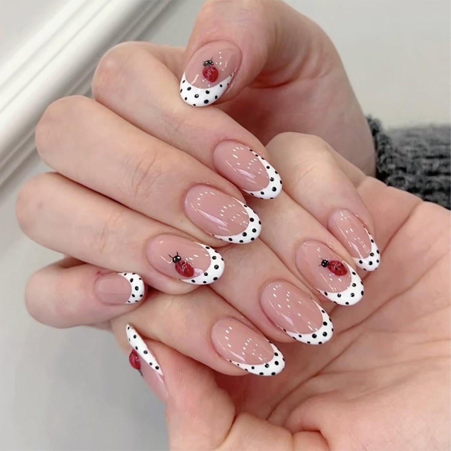 3D Short Oval French Tip Press‑On Nails — Nude Pink with White Polka Dots & Cute Ladybug, Glossy Acrylic Stick‑On Reusable Full‑Cover False Nails for Women & Girls — Easy‑Apply Tabs, Salon‑Quality