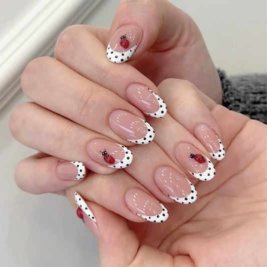 3D Short Oval French Tip Press‑On Nails — Nude Pink with White Polka Dots & Cute Ladybug, Glossy Acrylic Stick‑On Reusable Full‑Cover False Nails for Women & Girls — Easy‑Apply Tabs, Salon‑Quality