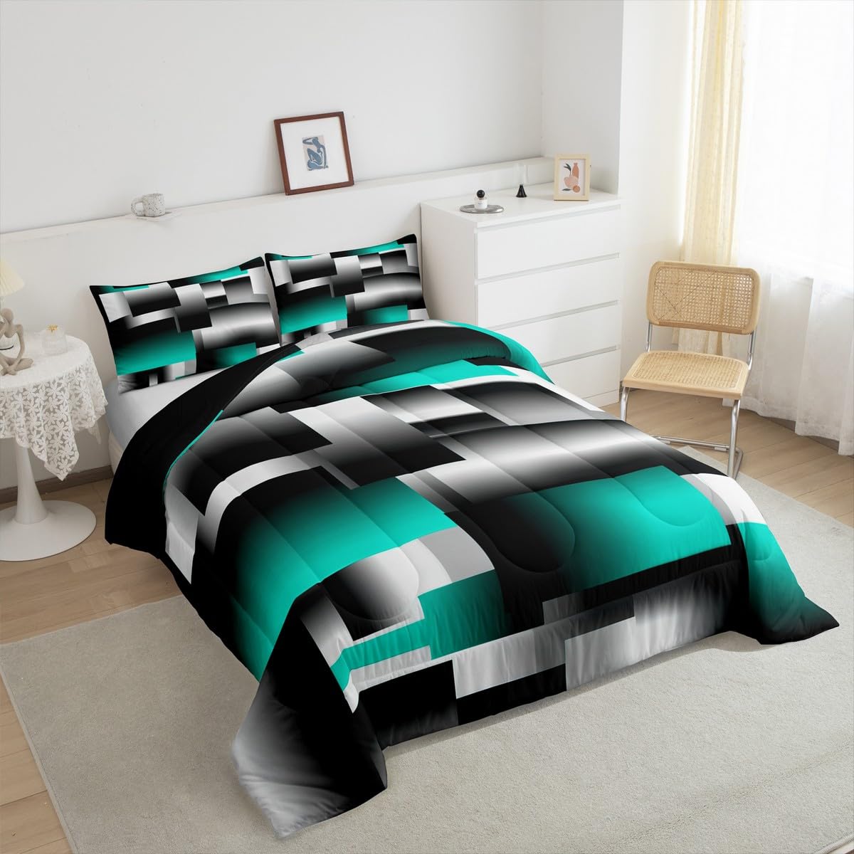 jejeloiu Teal Gray Black Abstract Comforter Set Full Size Modern Geometric Art Comforter Rectangle Room Decorative Bedding Set Quilt Set 3Pcs Duvet Set